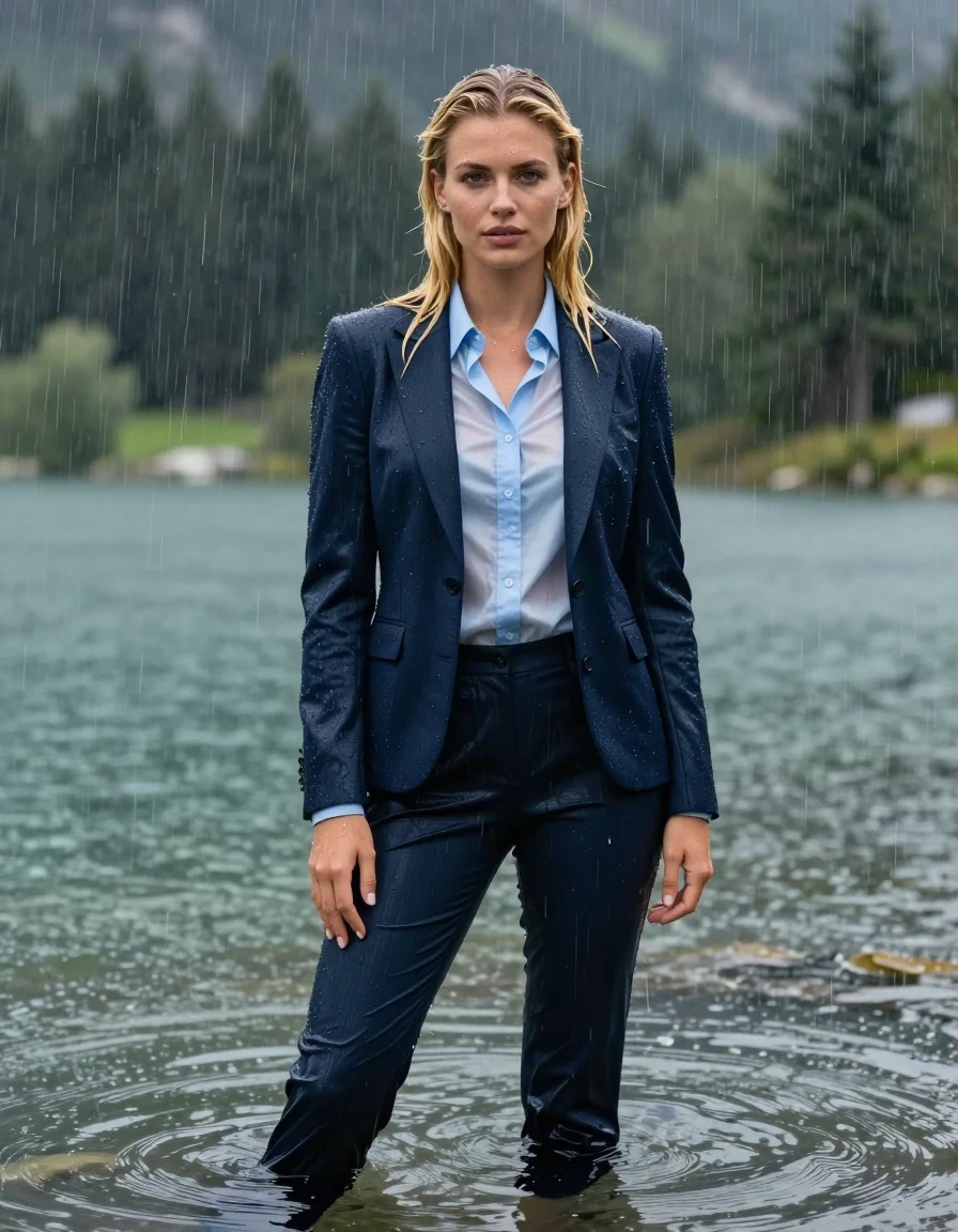 photo of young woman, in soaking wet, drenched clothes,
Dark Blue Long Business Trouser, Dark Blue Business Suit Jacket with Light Blue button down business shirt longsleeve, Clear Mountain lake with heavy rain, heavy rainstorm, 
enjoying, wet clothes stuck to body,
detailed textures of the wet clothes, wet face, wet plastered hair,
wet, drenched, professional, high-quality details, full body view.
sharp focus, ultra-high pixel detail, realistic, high-quality, full colors, incredibly detailed, 4k, 8k, 16k, hyper-realistic, RAW photo, masterpiece, ultra-detailed, professionally color graded, professional photograph, young blonde girl, completely submerged, standing waist deep in water under a big rainshower, fully clothed, completely soaked, fully drenched, completely wet, wetlook, heavy rain, side parting, long hair, rain storm, looks confidently into camera, wet skin, wet clothes, damp fabric, clinging to body, wet skin, wet clothes, damp fabric, wet skin, wet clothes, damp fabric, translucent shirt, wet skin, wet clothes, damp fabric