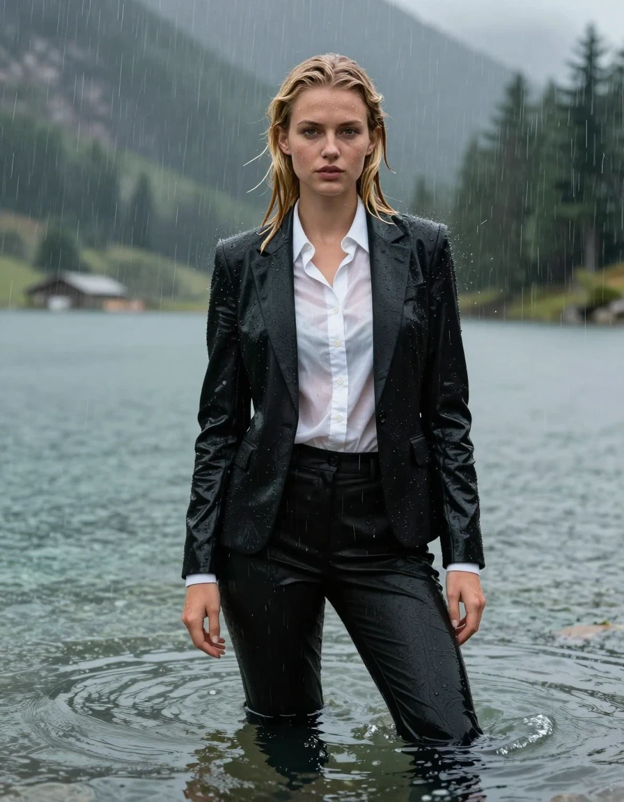 photo of young woman, in soaking wet, drenched clothes,
black Long Business Trouser, Black Business Suit Jacket with white button down business shirt longsleeve, Clear Mountain lake with heavy rain, heavy rainstorm, 
enjoying, wet clothes stuck to body,
detailed textures of the wet clothes, wet face, wet plastered hair,
wet, drenched, professional, high-quality details, full body view.
sharp focus, ultra-high pixel detail, realistic, high-quality, full colors, incredibly detailed, 4k, 8k, 16k, hyper-realistic, RAW photo, masterpiece, ultra-detailed, professionally color graded, professional photograph, young blonde girl, completely submerged, swimming in deep water, under a big rainshower, fully clothed, completely soaked, fully drenched, completely wet, wetlook, heavy rain, side parting, long hair, rain storm, looks confidently into camera, wet skin, wet clothes, damp fabric, clinging to body, wet skin, wet clothes, damp fabric, wet skin, wet clothes, damp fabric, translucent shirt, wet skin, wet clothes, damp fabric