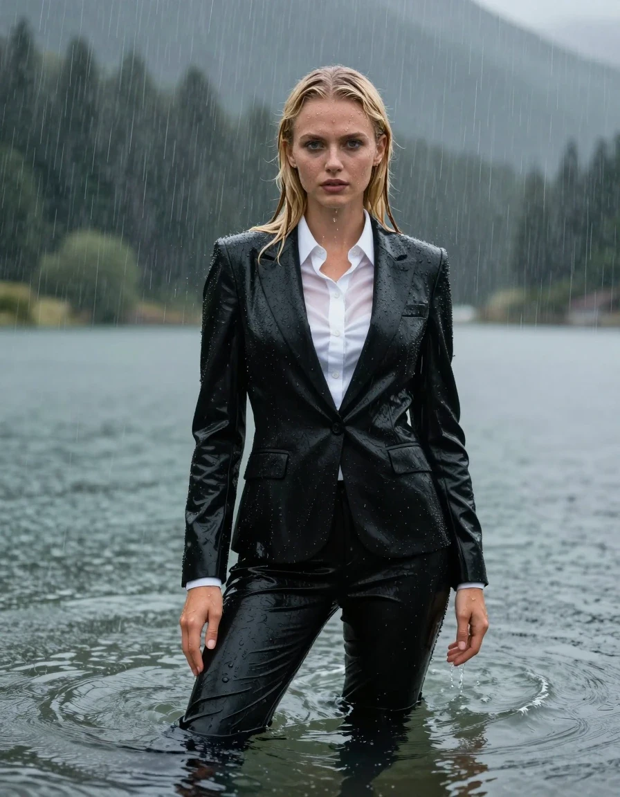 photo of young woman, in soaking wet, drenched clothes,
black Long Business Trouser, Black Business Suit Jacket with white button down business shirt longsleeve, Clear Mountain lake with heavy rain, heavy rainstorm, 
enjoying, wet clothes stuck to body,
detailed textures of the wet clothes, wet face, wet plastered hair,
wet, drenched, professional, high-quality details, full body view.
sharp focus, ultra-high pixel detail, realistic, high-quality, full colors, incredibly detailed, 4k, 8k, 16k, hyper-realistic, RAW photo, masterpiece, ultra-detailed, professionally color graded, professional photograph, young blonde girl, completely submerged, swimming in deep water, under a big rainshower, fully clothed, completely soaked, fully drenched, completely wet, wetlook, heavy rain, side parting, long hair, rain storm, looks confidently into camera, wet skin, wet clothes, damp fabric, clinging to body, wet skin, wet clothes, damp fabric, wet skin, wet clothes, damp fabric, translucent shirt, wet skin, wet clothes, damp fabric