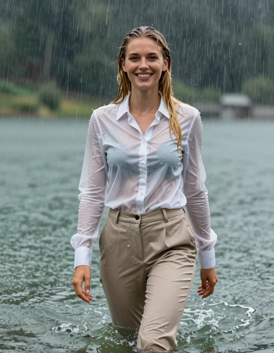 photo of young woman, in soaking wet, drenched clothes,
Beige Long Business Trouser, white button down business shirt longsleeve, Clear Mountain lake with heavy rain, heavy rainstorm, 
enjoying, wet clothes stuck to body,
detailed textures of the wet clothes, wet face, wet plastered hair,
wet, drenched, professional, high-quality details, full body view.
sharp focus, ultra-high pixel detail, realistic, high-quality, full colors, incredibly detailed, 4k, 8k, 16k, hyper-realistic, RAW photo, masterpiece, ultra-detailed, professionally color graded, professional photograph, young blonde girl, completely submerged, swimming in deep water, under a big rainshower, fully clothed, completely soaked, fully drenched, completely wet, wetlook, heavy rain, side parting, long hair, rain storm, looks happy into camera, wet skin, wet clothes, damp fabric, clinging to body, wet skin, wet clothes, damp fabric, wet skin, wet clothes, damp fabric, wet skin, wet clothes, damp fabric, translucent fabric, shirt tight tucked into trouser, wet skin, wet clothes, damp fabric