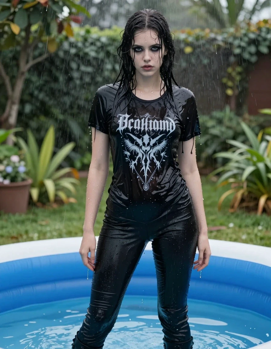 A stunningly beautiful young adult European woman with a gothic aesthetic, standing completely drenched in a lush garden near an inflatable pool. Her skin and long dark hair are glistening with water droplets and a realistic wet sheen. She is wearing a black t-shirt featuring a prominent band logo, which is visibly soaked, clinging to her skin, and darkened by the water. She wears tight black pants that are heavy with moisture, showing deep folds and a saturated texture, paired with heavy black goth boots. The atmosphere is humid and misty, with water dripping from her clothes. Captured in a cinematic medium shot with natural soft daylight filtering through garden foliage, high-detail skin texture, photorealistic wet-look fabric physics, sharp focus, 8k resolution, professional photography.