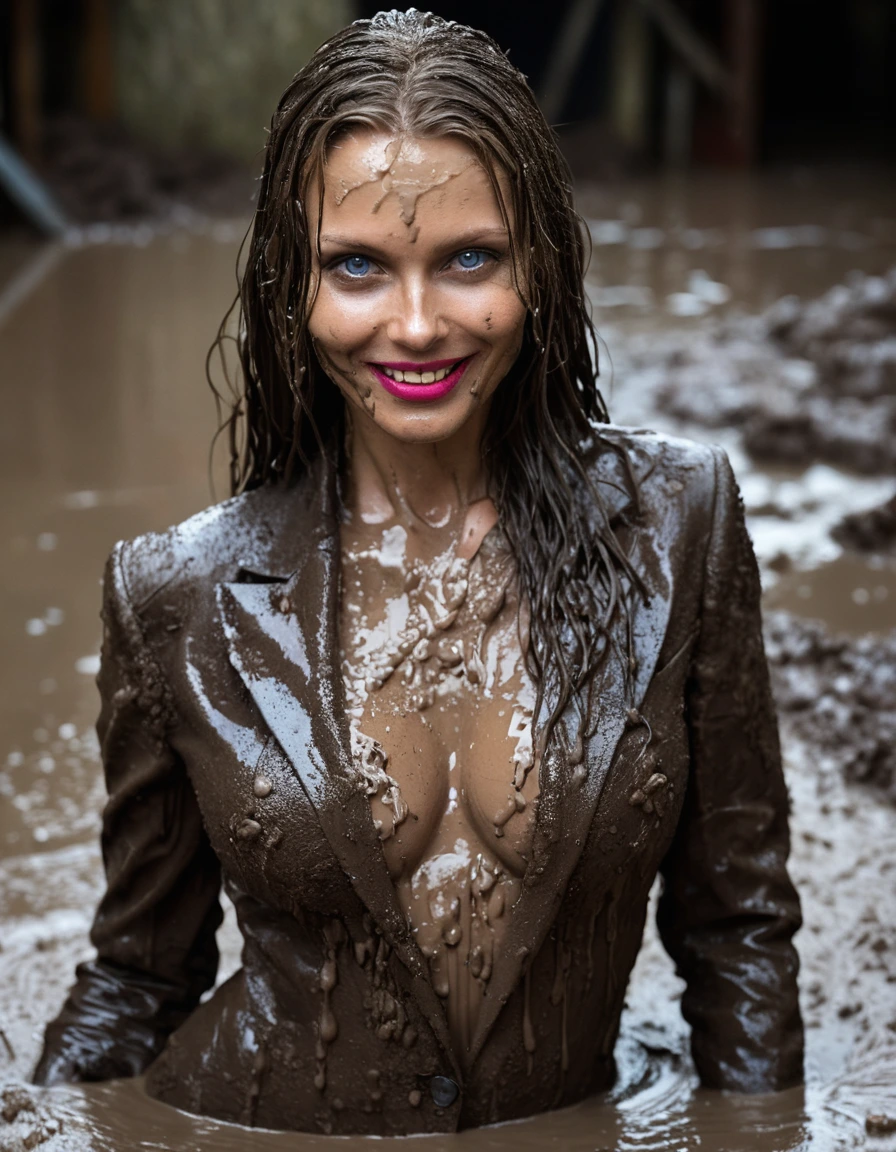 professional photo of young woman, in soaking wet, drenched clothes, wet clothes stuck to body, detailed textures of the wet clothes, wet face, wet plastered hair, wet, drenched, wet skin, damp fabric, three stunning blonde 60 years old beautiful women with blue eyes, necklaces, earrings, lipstick, straight muddy very long open wavy hairstyle, muddy hair, muddy beautiful faces, smiling and satisfied expressions, wearing full muddy ruined fully-opened unbuttoned sexy blazer like a fancy uniform over topless with super sexy cleavage and exposed extreme huge saggy hanging boobs, long very muddy suit pants, muddy high heels, heavy mud-covered unbuttoned and opened sexy suits, large muddy cleavages, mud-caked chests, mud-caked huge saggy boobs, holding a glass of champagne in hands, wallowing together in a deep muddy pool, dark muddy indoor disco club at night, deep mud on the floor, mud splashed walls, dripping mud from above, pink and blue neon disco lighting, muddy chairs and sofas in background, intimate close-up, front view, highly realistic, ultra sharp focus, photorealistic, ultra-detailed fabric texture, realistic colors, RAW photo, professionally color graded