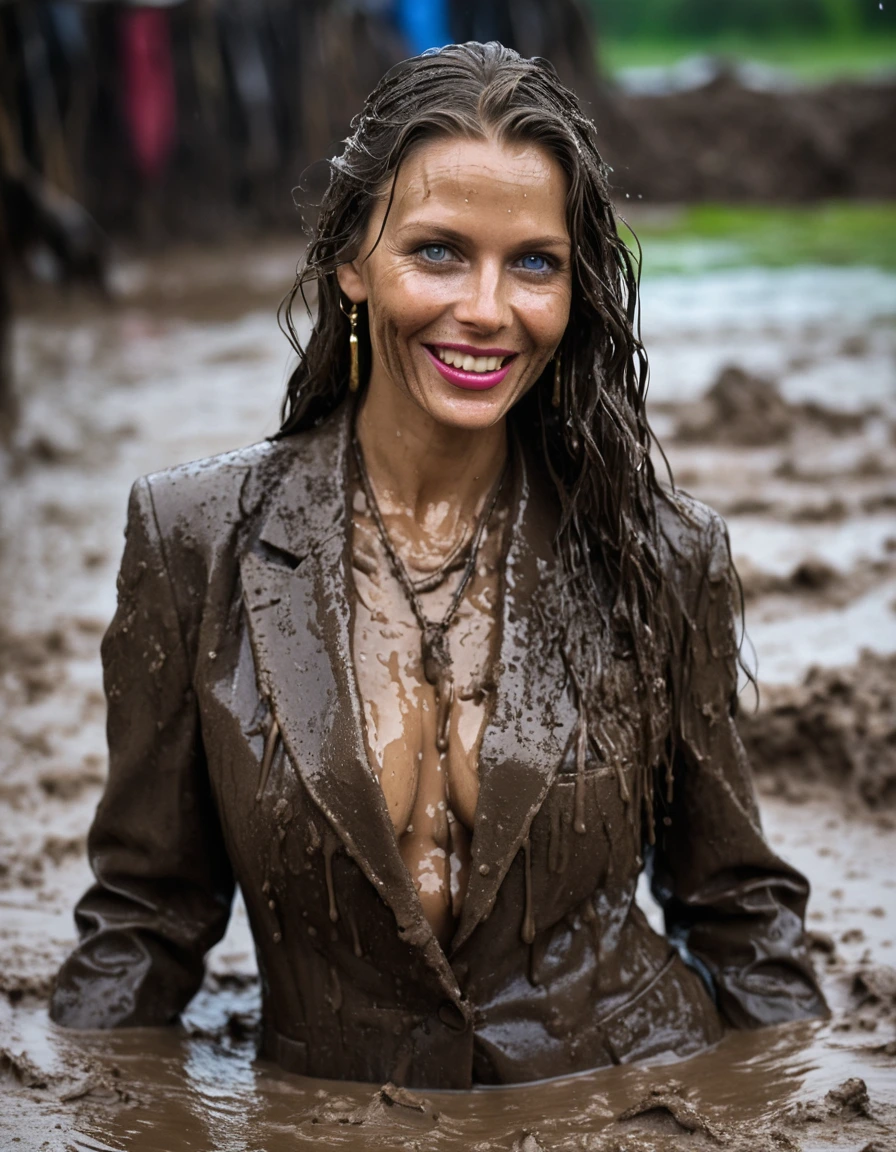 professional photo of young woman, in soaking wet, drenched clothes, wet clothes stuck to body, detailed textures of the wet clothes, wet face, wet plastered hair, wet, drenched, wet skin, damp fabric, three stunning blonde 60 years old beautiful women with blue eyes, necklaces, earrings, lipstick, straight muddy very long open wavy hairstyle, muddy hair, smiling and satisfied beautiful muddy faces, wearing full muddy ruined fully-opened unbuttoned sexy blazer like a fancy uniform over topless with super sexy cleavage and exposed extreme huge saggy hanging boobs, long very muddy suit pants, muddy high heels, heavy mud-covered unbuttoned and opened sexy suits, large muddy cleavages, super huge muddy heavy saggy boobs, every small details of the clothes are muddy, soaked tailored fabric, wallowing together in a deep muddy pool, holding champagne glasses, posing for a professional photo, dark muddy indoor disco club at night, deep mud on the floor, mud splashed walls, dripping mud from above, muddy chairs and sofas in background, very dark mood lighting, pink and blue neon lights from above, intimate close-up, front view, sharp focus, photorealistic, ultra-detailed fabric texture, realistic colors, RAW photo, professionally color graded
