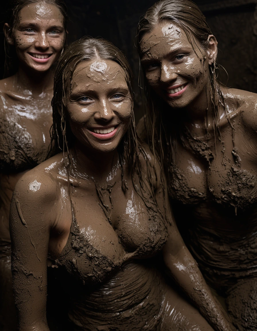 photo of young woman, in soaking wet, drenched clothes,
Muddy high heels, Long very muddy suit pants, Full muddy ruined fully-opened unbuttoned sexy blazer like a fancy uniform over topless with super sexy cleavage and exposed extreme huge saggy hanging boobs., Dark muddy indoor disco club at night. Deep mud on the floor, mud splashed walls, dripping mud from above, very dark mood lighting with pink and blue neon lights from above. Muddy chairs and sofas in the background. , 
enjoying, wet clothes stuck to body,
detailed textures of the wet clothes, wet face, wet plastered hair,
wet, drenched, professional, high-quality details, full body view.
sharp focus, ultra-high pixel detail, realistic, high-quality, full colors, incredibly detailed, 4k, 8k, 16k, hyper-realistic, RAW photo, masterpiece, ultra-detailed, professionally color graded, professional photograph, Three stunning blonde 60 years old beautiful gleaming grannies are wallowing together in the deep muddy pool after a full dip in it and holding a glass of champagne in their hands during the crazy muddy indoor disco party at night and posing for a professional photo. They are proudly wearing their fully and heavily mud-covered unbuttoned and opened sexy suits which fully exposing their amazingly huge sexy and saggy muddy boobs. Focus on the large muddy cleavages of the blazers and on the bravely displayed super huge muddy heavy saggy boobs. Every small details of the clothes are muddy, muddy beautiful faces, muddy chests and huge saggy boobs. Their blazer has the same colour as their muddy pants. The classy elegant disco club is totally destroyed by mud, mud spots everywhere, mud flows down on the walls, mud on the furnitures in the background. Straight muddy very long open wavy hairstyle, muddy hair, smiling and satisfied beautiful muddy faces, blue eyes, necklaces, earrings, lipstick. The women are enjoying to being total muddy in the muddy pool, being sexy, naughty while they are enjoying the muddy fetish party. Realistic huge heavy saggy muddy boobs and photorealistic detailed smiling facial expressions. Intimate close-up picture about the women. Close-up photo from front view, highly realistic representation, ultra sharp focus, highly photorealistic detailed textures, highly photorealistic detailed facial features and expressions, highly photorealistic hands, highly emotional reactions, highly best quality, highly sharp photorealistic image, highly photorealistic details, full UHD resolution, 32 K, very high level of detail and image sharpness, zoomed in, dry skin, dry clothes, dry fabric, dry skin, dry clothes, dry fabric, dry skin, dry clothes, dry fabric, dry skin, dry clothes, dry fabric, dry skin, dry clothes, dry fabric, dry skin, dry clothes, dry fabric, dry skin, dry clothes, dry fabric, dry skin, dry clothes, dry fabric, wet skin, wet clothes, damp fabric