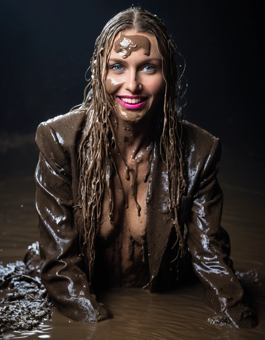 professional photo of young woman, in soaking wet, drenched clothes, wet clothes stuck to body, detailed textures of the wet clothes, wet face, wet plastered hair, wet, drenched, wet skin, damp fabric, three stunning blonde 60 years old beautiful women with blue eyes, necklaces, earrings, lipstick, and very long open wavy muddy hair, wearing full muddy ruined fully-opened unbuttoned sexy blazers over topless with exposed extreme huge saggy hanging boobs and long very muddy suit pants, mud-covered clothes with soaked tailored fabric, muddy high heels, holding a glass of champagne, posing for a professional photo, wallowing together in a deep muddy pool, smiling and satisfied muddy faces, dark muddy indoor disco club at night, deep mud on the floor, mud splashed walls, dripping mud from above, muddy chairs and sofas in the background, pink and blue neon lighting, intimate close-up, front view, sharp focus, photorealistic, ultra-detailed fabric texture, realistic colors, RAW photo, professionally color graded