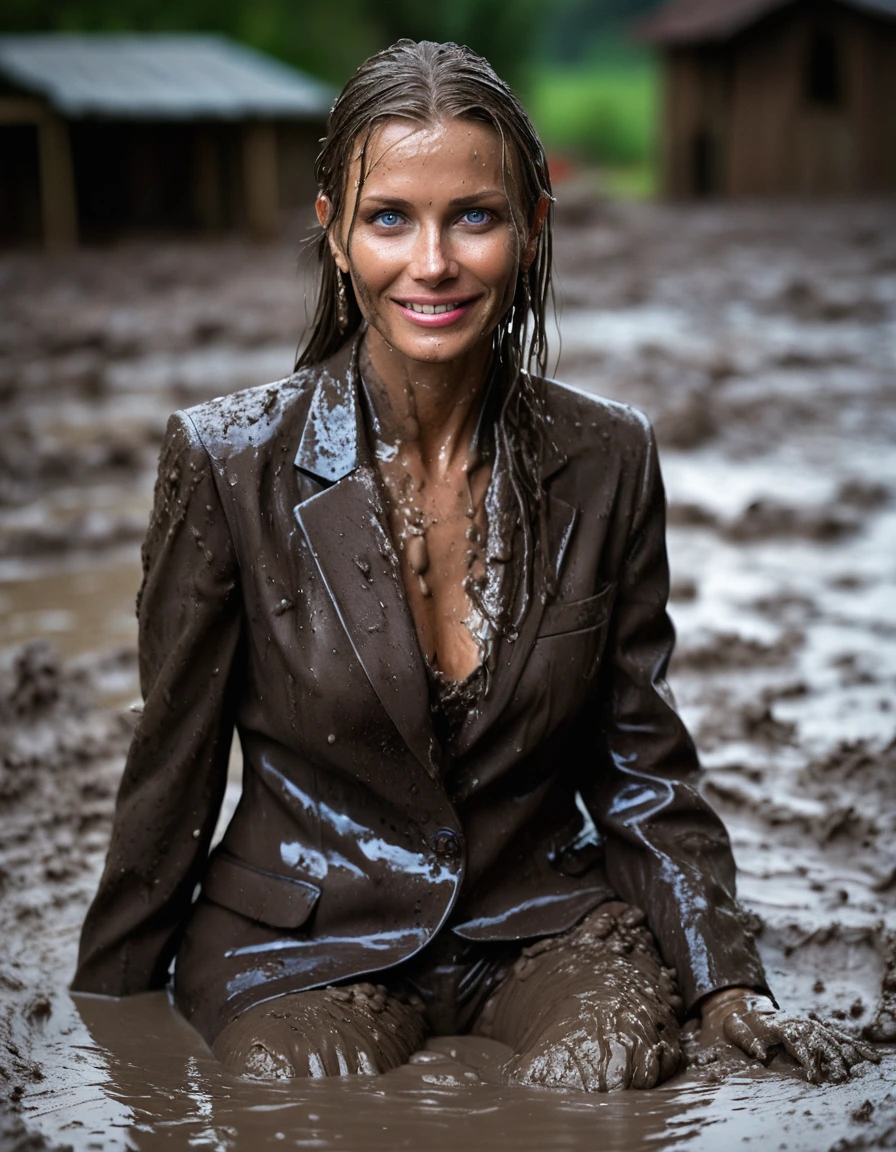 professional photo of young woman, in soaking wet, drenched clothes, wet clothes stuck to body, detailed textures of the wet clothes, wet face, wet plastered hair, wet, drenched, wet skin, damp fabric, three stunning blonde 60 years old beautiful women with blue eyes, necklaces, and earrings, wearing muddy high heels, long very muddy suit pants, full muddy ruined fully-opened unbuttoned sexy blazer like a fancy uniform over topless with super sexy cleavage and exposed extreme huge saggy hanging boobs, muddy hair, smiling and satisfied beautiful muddy faces, holding a glass of champagne in their hands, wallowing together in a deep muddy pool, posing for a professional photo, dark muddy indoor disco club at night, deep mud on the floor, mud splashed walls, dripping mud from above, pink and blue neon lights, muddy chairs and sofas in the background, intimate close-up, front view, highly realistic representation, sharp focus, photorealistic, ultra-detailed fabric texture, realistic colors, RAW photo, professionally color graded