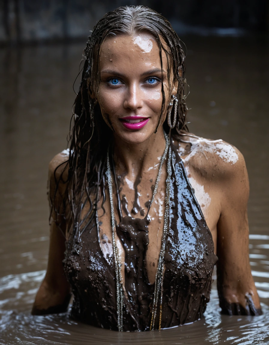 professional photo of young woman, in soaking wet, drenched clothes, wet clothes stuck to body, detailed textures of the wet clothes, wet face, wet plastered hair, wet, drenched, wet skin, damp fabric, three stunning blonde 60 years old beautiful women with blue eyes, necklaces, earrings, and lipstick, long straight wavy muddy hair, wearing full muddy ruined fully-opened unbuttoned sexy blazers over topless with exposed extreme huge saggy hanging boobs, matching muddy suit pants, muddy high heels, holding a glass of champagne, wallowing together in a deep muddy pool, smiling and satisfied muddy faces, dark muddy indoor disco club at night, deep mud on the floor, mud splashed walls, dripping mud from above, muddy chairs and sofas in the background, pink and blue neon lighting, intimate close-up, front view, sharp focus, photorealistic, ultra-detailed fabric texture, realistic colors, RAW photo, professionally color graded