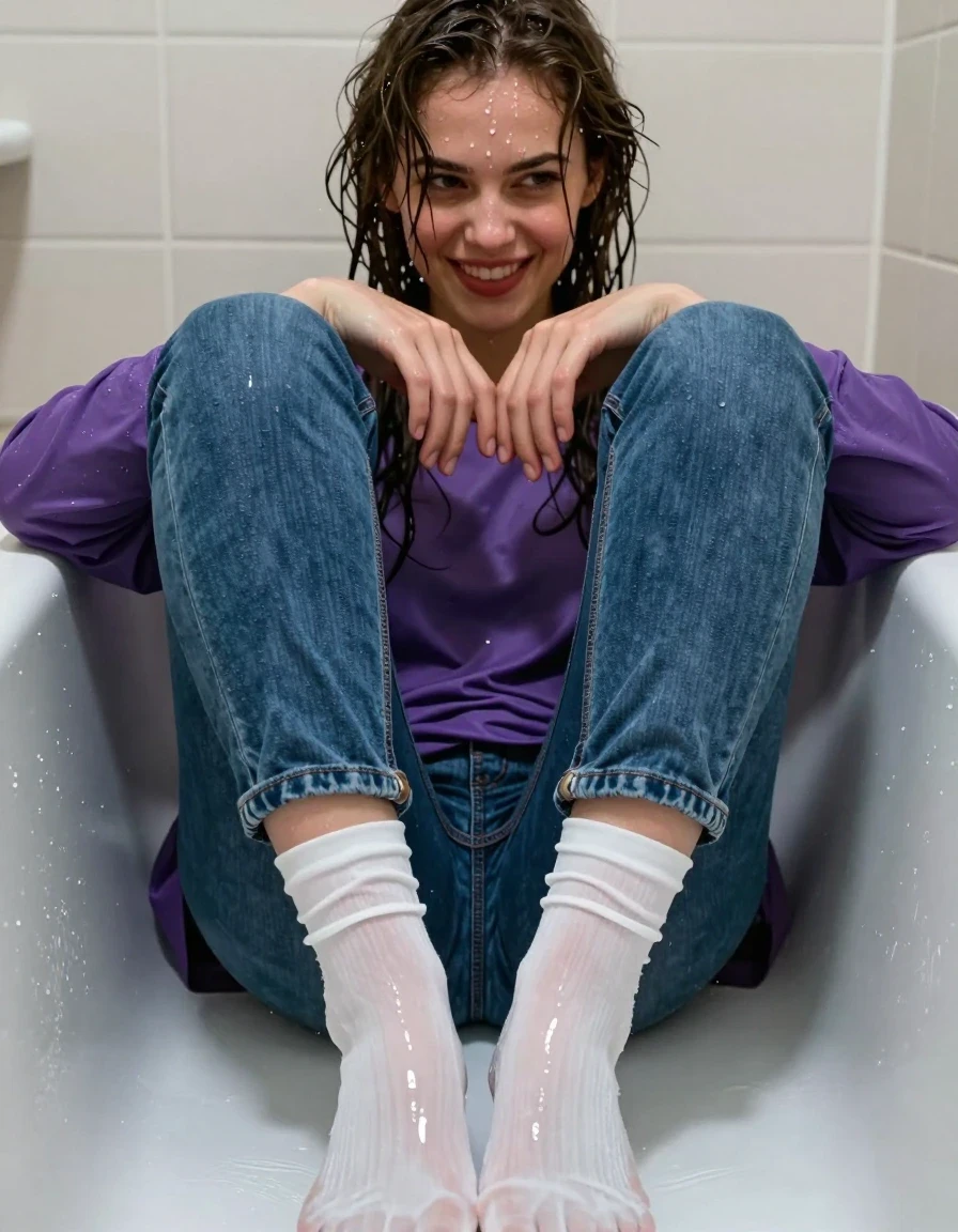 A photorealistic close-up shot of a mid-20s European woman in a small, dimly lit bathroom, focusing on her feet in the foreground. She is sitting inside a bathtub, wearing a purple long-sleeve shirt and tight blue jeans, both heavily saturated and clinging to her body with a realistic dark, wet texture. Her white socks are soaked through, translucent, and clinging to her feet. Her hair is dripping wet and plastered to her head, with water droplets glistening on her skin. She is captured in a playful, teasing pose. The fabric shows heavy folds and weight from the water, with a distinct wet sheen reflecting the bathroom light. The scene is strictly non-nude, with no shorts, no gloves, and no exposed skin beyond the hands and face, maintaining a focus on the drenched clothing and wet atmosphere. High-resolution photographic detail, sharp focus on the textures of the wet fabric and water droplets, cinematic lighting.