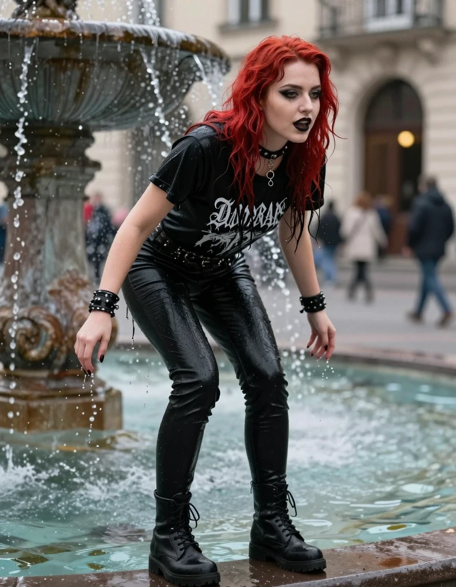 photo of young woman, in soaking wet, drenched clothes,
goth boots, tight black pants, black t-shirt with band logo, city fountain, 
enjoying, wet clothes stuck to body,
detailed textures of the wet clothes, wet face, wet plastered hair,
wet, drenched, professional, high-quality details, full body view.
sharp focus, ultra-high pixel detail, realistic, high-quality, full colors, incredibly detailed, 4k, 8k, 16k, hyper-realistic, RAW photo, masterpiece, ultra-detailed, professionally color graded, professional photograph, Beautiful gothic girl bathing in the fountain completely wet. Red hair. Collar and bracelets., wet skin, wet clothes, damp fabric