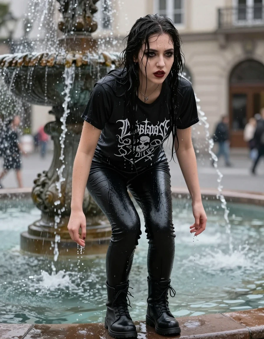 photo of young woman, in soaking wet, drenched clothes,
goth boots, tight black pants, black t-shirt with band logo, city fountain, 
enjoying, wet clothes stuck to body,
detailed textures of the wet clothes, wet face, wet plastered hair,
wet, drenched, professional, high-quality details, full body view.
sharp focus, ultra-high pixel detail, realistic, high-quality, full colors, incredibly detailed, 4k, 8k, 16k, hyper-realistic, RAW photo, masterpiece, ultra-detailed, professionally color graded, professional photograph, Beautiful gothic girl bathing in the fountain, wet skin, wet clothes, damp fabric