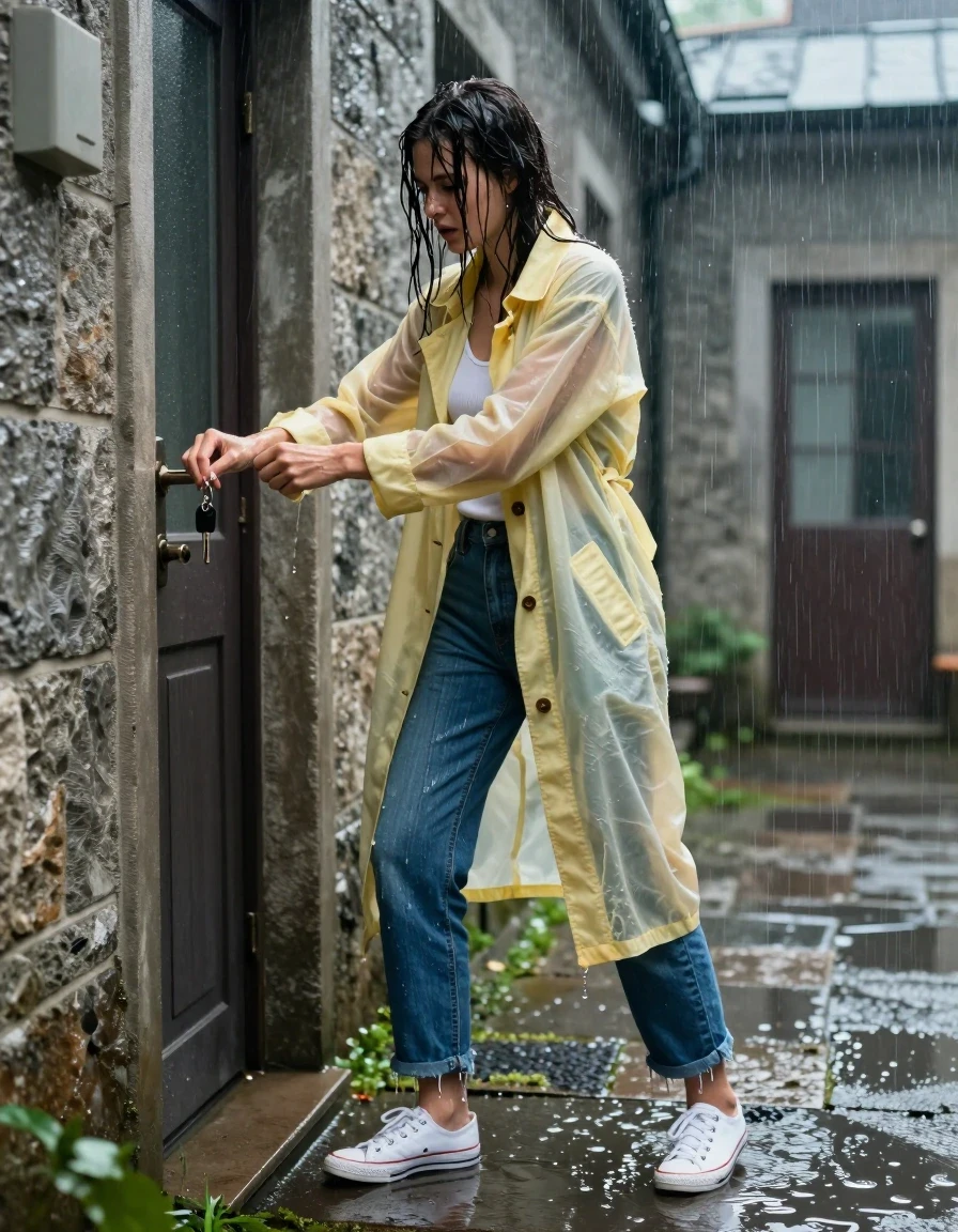 A young adult European woman stands in an exposed gray stone apartment courtyard during a torrential rainstorm, captured in a cinematic wide shot. She is frantically fumbling with a metal keychain, attempting to unlock a heavy door. Her hair is plastered to her forehead, and water streams down her skin and fabric textures. She wears a translucent wet pale yellow cotton trench coat over a soaked white ribbed tank top, and heavy, dripping dark blue denim jeans that cling to her legs. On her feet are saturated white leather low-top sneakers, with puddles on the ground reflecting overhead lights. High shutter speed captures individual water droplets in mid-air. The scene is lit by soft natural daylight, rendered with an 85mm lens for editorial fashion photography. Every element is soaked, heavy, and drenched in water, emphasizing realistic fabric weight, folds, and sheen.