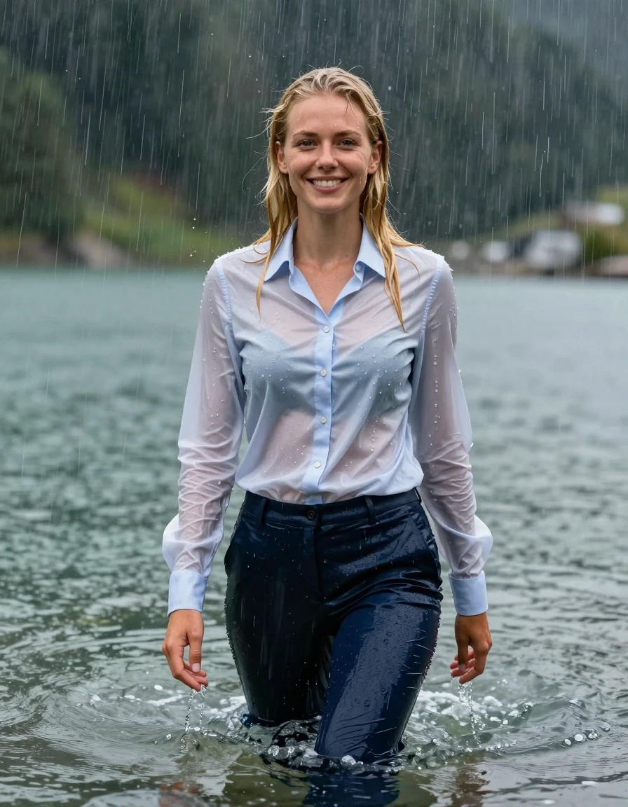 photo of young woman, in soaking wet, drenched clothes,
dark Blue Long Business Trouser, Light Blue button down business shirt longsleeve, Clear Mountain lake with heavy rain, heavy rainstorm, 
enjoying, wet clothes stuck to body,
detailed textures of the wet clothes, wet face, wet plastered hair,
wet, drenched, professional, high-quality details, full body view.
sharp focus, ultra-high pixel detail, realistic, high-quality, full colors, incredibly detailed, 4k, 8k, 16k, hyper-realistic, RAW photo, masterpiece, ultra-detailed, professionally color graded, professional photograph, young blonde girl, completely submerged, swimming in deep water, under a big rainshower, fully clothed, completely soaked, fully drenched, completely wet, wetlook, heavy rain, side parting, long hair, rain storm, looks happy into camera, wet skin, wet clothes, damp fabric, clinging to body, wet skin, wet clothes, damp fabric, wet skin, wet clothes, damp fabric, wet skin, wet clothes, damp fabric, translucend fabric, wet skin, wet clothes, damp fabric, wet skin, wet clothes, damp fabric