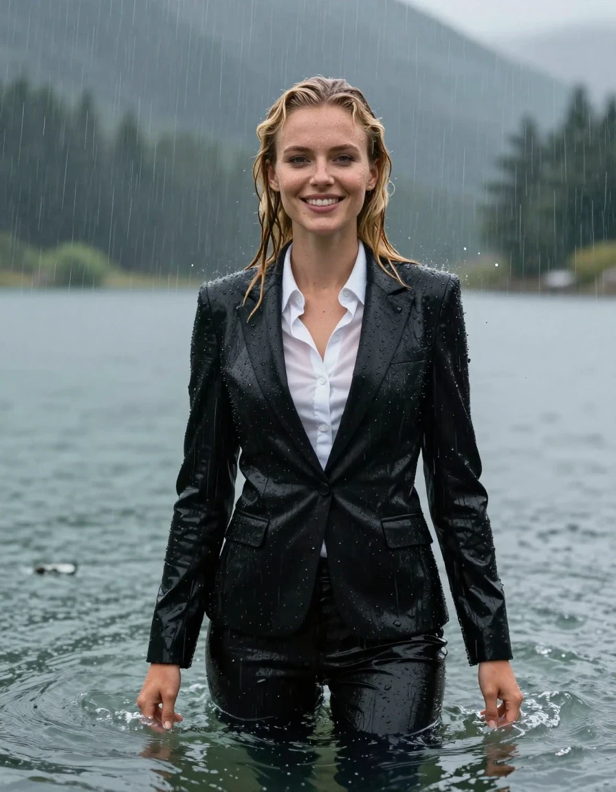 photo of young woman, in soaking wet, drenched clothes,
Black Business Suit Trouser, White longsleeve button down shirt, Clear Mountain lake with heavy rain, heavy rainstorm, 
enjoying, wet clothes stuck to body,
detailed textures of the wet clothes, wet face, wet plastered hair,
wet, drenched, professional, high-quality details, full body view.
sharp focus, ultra-high pixel detail, realistic, high-quality, full colors, incredibly detailed, 4k, 8k, 16k, hyper-realistic, RAW photo, masterpiece, ultra-detailed, professionally color graded, professional photograph, young blonde girl, completely submerged, swimming in deep water, under a big rainshower, fully clothed, completely soaked, fully drenched, completely wet, wetlook, heavy rain, side parting, long hair, rain storm, looks happy into camera, wet skin, wet clothes, damp fabric, clinging to body, wet skin, wet clothes, damp fabric, wet skin, wet clothes, damp fabric, wet skin, wet clothes, damp fabric, translucend fabric, open jacket, wet skin, wet clothes, damp fabric