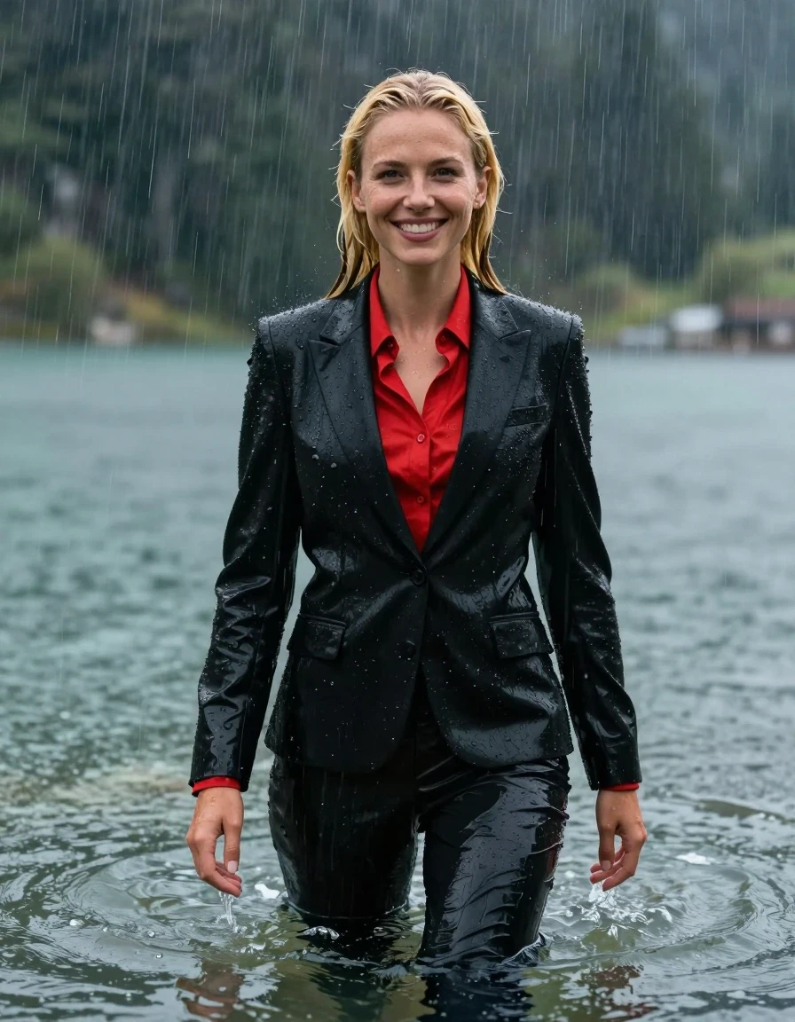 photo of young woman, in soaking wet, drenched clothes,
Black Business Suit Trouser, Black Business Suit Jacket with red longsleeve button down shirt, Clear Mountain lake with heavy rain, heavy rainstorm, 
enjoying, wet clothes stuck to body,
detailed textures of the wet clothes, wet face, wet plastered hair,
wet, drenched, professional, high-quality details, full body view.
sharp focus, ultra-high pixel detail, realistic, high-quality, full colors, incredibly detailed, 4k, 8k, 16k, hyper-realistic, RAW photo, masterpiece, ultra-detailed, professionally color graded, professional photograph, young blonde girl, completely submerged, swimming in deep water, under a big rainshower, fully clothed, completely soaked, fully drenched, completely wet, wetlook, heavy rain, side parting, long hair, rain storm, looks happy into camera, wet skin, wet clothes, damp fabric, clinging to body, wet skin, wet clothes, damp fabric, wet skin, wet clothes, damp fabric, wet skin, wet clothes, damp fabric, translucend fabric, open jacket, wet skin, wet clothes, damp fabric