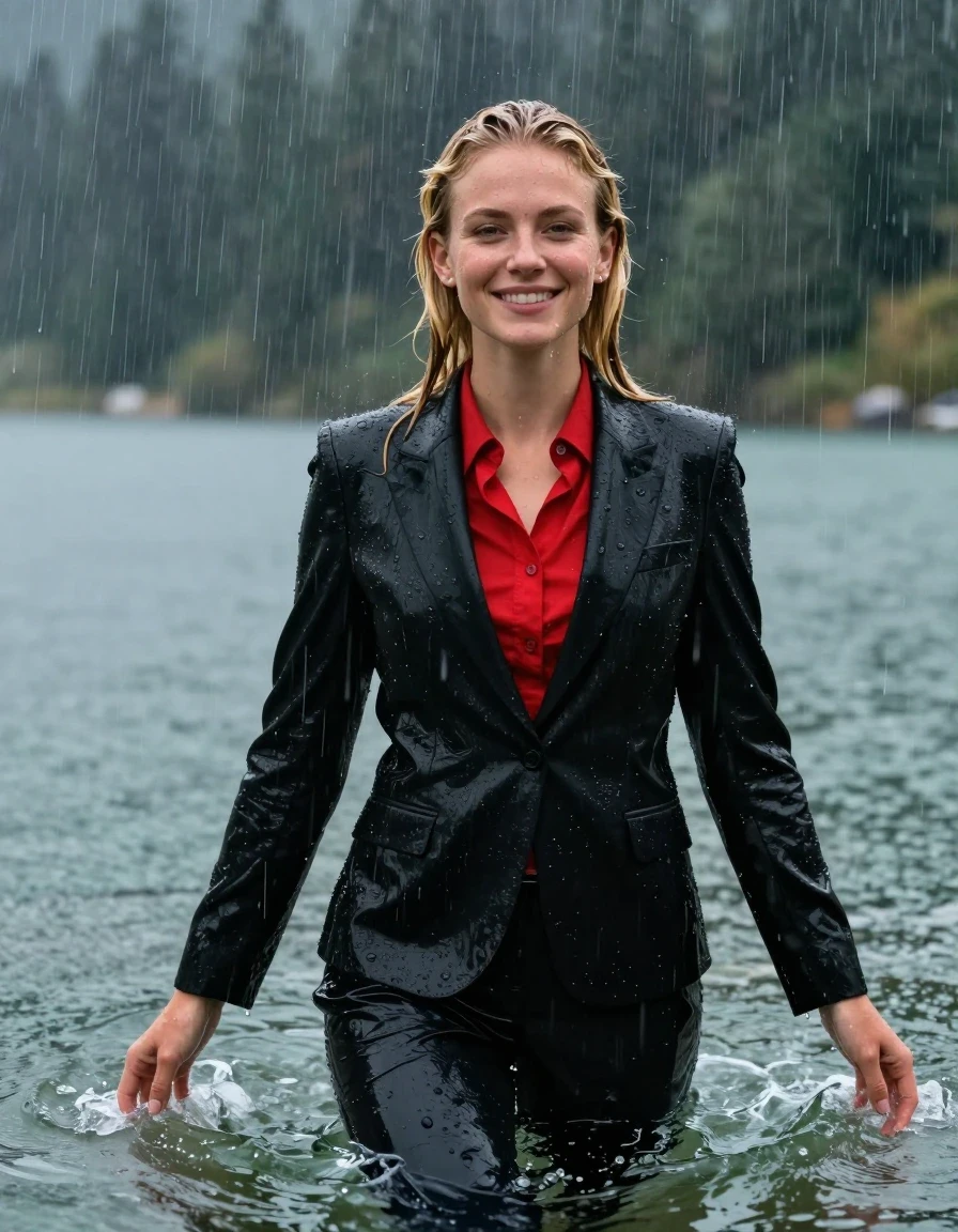 photo of young woman, in soaking wet, drenched clothes,
Black Business Suit Trouser, Black Business Suit Jacket with red longsleeve button down shirt, Clear Mountain lake with heavy rain, heavy rainstorm, 
enjoying, wet clothes stuck to body,
detailed textures of the wet clothes, wet face, wet plastered hair,
wet, drenched, professional, high-quality details, full body view.
sharp focus, ultra-high pixel detail, realistic, high-quality, full colors, incredibly detailed, 4k, 8k, 16k, hyper-realistic, RAW photo, masterpiece, ultra-detailed, professionally color graded, professional photograph, young blonde girl, completely submerged, swimming in deep water, under a big rainshower, fully clothed, completely soaked, fully drenched, completely wet, wetlook, heavy rain, side parting, long hair, rain storm, looks happy into camera, wet skin, wet clothes, damp fabric, clinging to body, wet skin, wet clothes, damp fabric, wet skin, wet clothes, damp fabric, wet skin, wet clothes, damp fabric, translucend fabric, wet skin, wet clothes, damp fabric