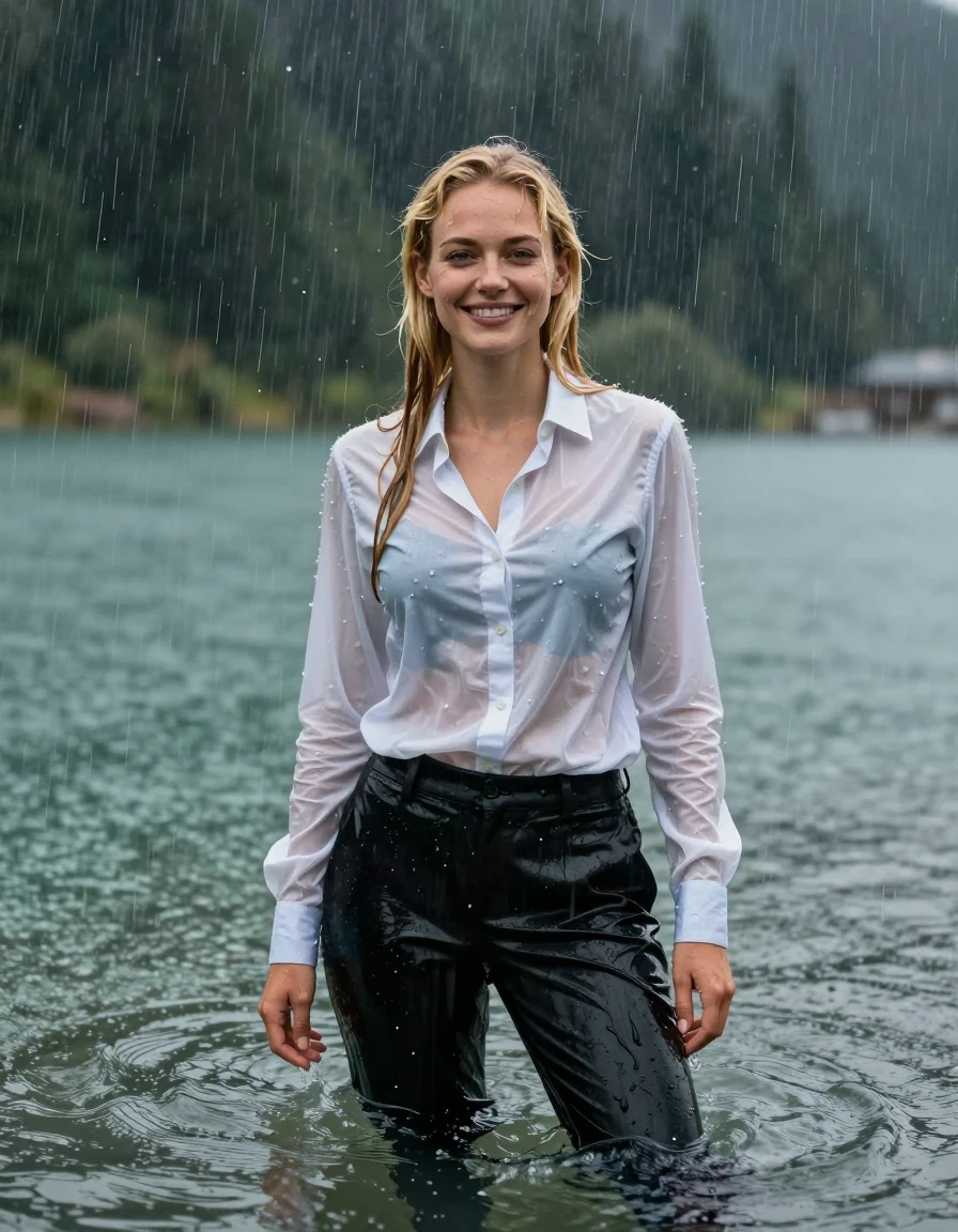 photo of young woman, in soaking wet, drenched clothes,
Black Long Business Trouser, Light Blue button down business shirt longsleeve, Clear Mountain lake with heavy rain, heavy rainstorm, 
enjoying, wet clothes stuck to body,
detailed textures of the wet clothes, wet face, wet plastered hair,
wet, drenched, professional, high-quality details, full body view.
sharp focus, ultra-high pixel detail, realistic, high-quality, full colors, incredibly detailed, 4k, 8k, 16k, hyper-realistic, RAW photo, masterpiece, ultra-detailed, professionally color graded, professional photograph, young blonde girl, completely submerged, swimming in deep water, under a big rainshower, fully clothed, completely soaked, fully drenched, completely wet, wetlook, heavy rain, side parting, long hair, rain storm, looks happy into camera, wet skin, wet clothes, damp fabric, clinging to body, wet skin, wet clothes, damp fabric, wet skin, wet clothes, damp fabric, wet skin, wet clothes, damp fabric, translucend fabric, wet skin, wet clothes, damp fabric, wet skin, wet clothes, damp fabric