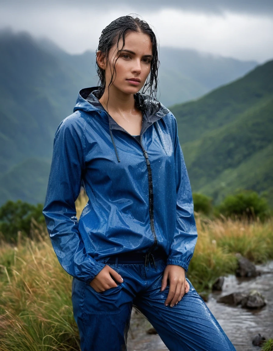 professional photo of young woman, in soaking wet, drenched clothes, wet clothes stuck to body, detailed textures of the wet clothes, wet face, wet plastered hair, wet, drenched, wet skin, damp fabric, wearing a blue top and blue trousers, boots, she is standing in nature mountains, full body view, detailed fabric texture, sharp focus, photorealistic, ultra-detailed fabric texture, realistic colors, RAW photo, professionally color graded