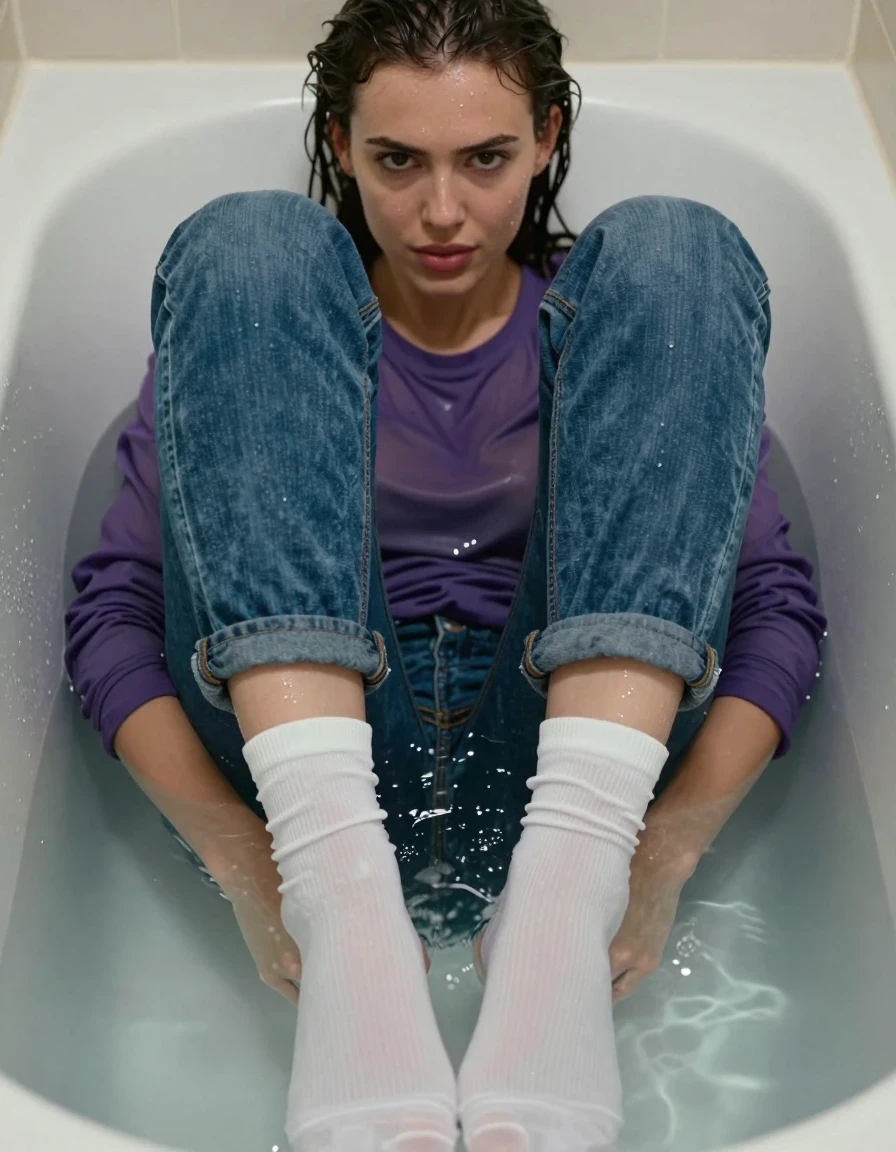A photorealistic close-up shot of a mid-20s European woman in a cramped, water-filled bathtub, focusing on her wet white socks on her feet positioned closest to the camera lens. She is wearing tight blue jeans and a purple long-sleeve shirt, both garments are completely saturated, clinging to her body, darkened by water, heavy with moisture, and showing detailed fabric texture. Her hair is soaking wet, slicked back with water droplets, and her skin has a realistic wet sheen. She is in a teasing, playful pose. The bathroom environment is small, with water partially filling the tub, creating reflections and ripples. The lighting is soft and atmospheric, highlighting the clinging wet fabric and the texture of the soaked clothing. High-resolution, cinematic photography, sharp focus on the wet textures and fabric folds.