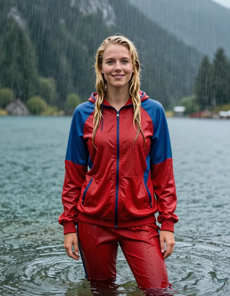 photo of young woman, in soaking wet, drenched clothes,
Red Track Suit Trouser, Red Blue oversize Track Suit Hoodie, Clear Mountain lake with heavy rain, heavy rainstorm, 
enjoying, wet clothes stuck to body,
detailed textures of the wet clothes, wet face, wet plastered hair,
wet, drenched, professional, high-quality details, full body view.
sharp focus, ultra-high pixel detail, realistic, high-quality, full colors, incredibly detailed, 4k, 8k, 16k, hyper-realistic, RAW photo, masterpiece, ultra-detailed, professionally color graded, professional photograph, young blonde girl, completely submerged, swimming in deep water, under a big rainshower, fully clothed, completely soaked, fully drenched, completely wet, wetlook, heavy rain, side parting, long hair, rain storm, looks happy into camera, wet skin, wet clothes, damp fabric, clinging to body, wet skin, wet clothes, damp fabric, wet skin, wet clothes, damp fabric, wet skin, wet clothes, damp fabric, translucend fabric, wet skin, wet clothes, damp fabric