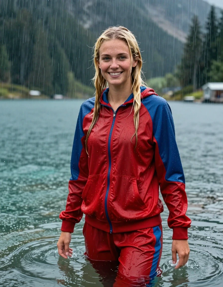 photo of young woman, in soaking wet, drenched clothes,
Red Track Suit Trouser, Red Blue oversize Track Suit Hoodie, Clear Mountain lake with heavy rain, heavy rainstorm, 
enjoying, wet clothes stuck to body,
detailed textures of the wet clothes, wet face, wet plastered hair,
wet, drenched, professional, high-quality details, full body view.
sharp focus, ultra-high pixel detail, realistic, high-quality, full colors, incredibly detailed, 4k, 8k, 16k, hyper-realistic, RAW photo, masterpiece, ultra-detailed, professionally color graded, professional photograph, young blonde girl, completely submerged, swimming in deep water, under a big rainshower, fully clothed, completely soaked, fully drenched, completely wet, wetlook, heavy rain, side parting, long hair, rain storm, looks happy into camera, wet skin, wet clothes, damp fabric, clinging to body, wet skin, wet clothes, damp fabric, wet skin, wet clothes, damp fabric, wet skin, wet clothes, damp fabric, translucend fabric, wet skin, wet clothes, damp fabric