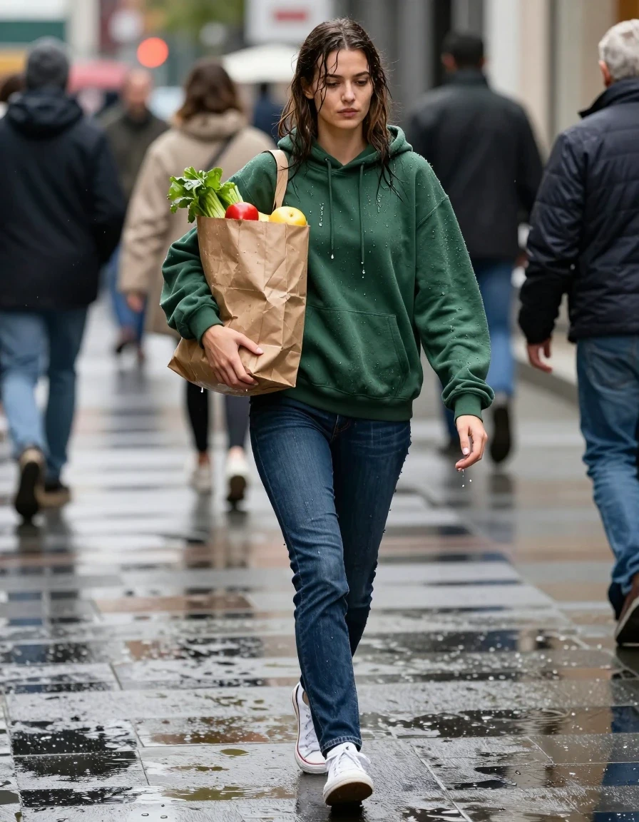 A photorealistic candid paparazzi-style shot of a young adult European woman walking through a bustling urban shopping district after a rainstorm. She is mid-stride, clutching a leaking paper grocery bag filled with fresh produce. She wears a heavy emerald green cotton hoodie that is thoroughly drenched, clinging tightly to her skin and hair, with water droplets dripping from the fabric edges. Her dark blue denim jeans are visibly soaked, with the fabric darkened by heavy water saturation. She wears white canvas sneakers that are completely soaked, with visible water puddles forming around the soles. Her hair is wet, with individual strands plastered to her face. The scene is captured with a high-shutter speed, showcasing sharp details, street reflections on the wet asphalt, and cinematic depth of field. Natural lighting with balanced bright exposure, moderate contrast, and softly lifted shadows. The composition is a wide-angle lifestyle photograph emphasizing realistic textures and the weight of saturated clothing.