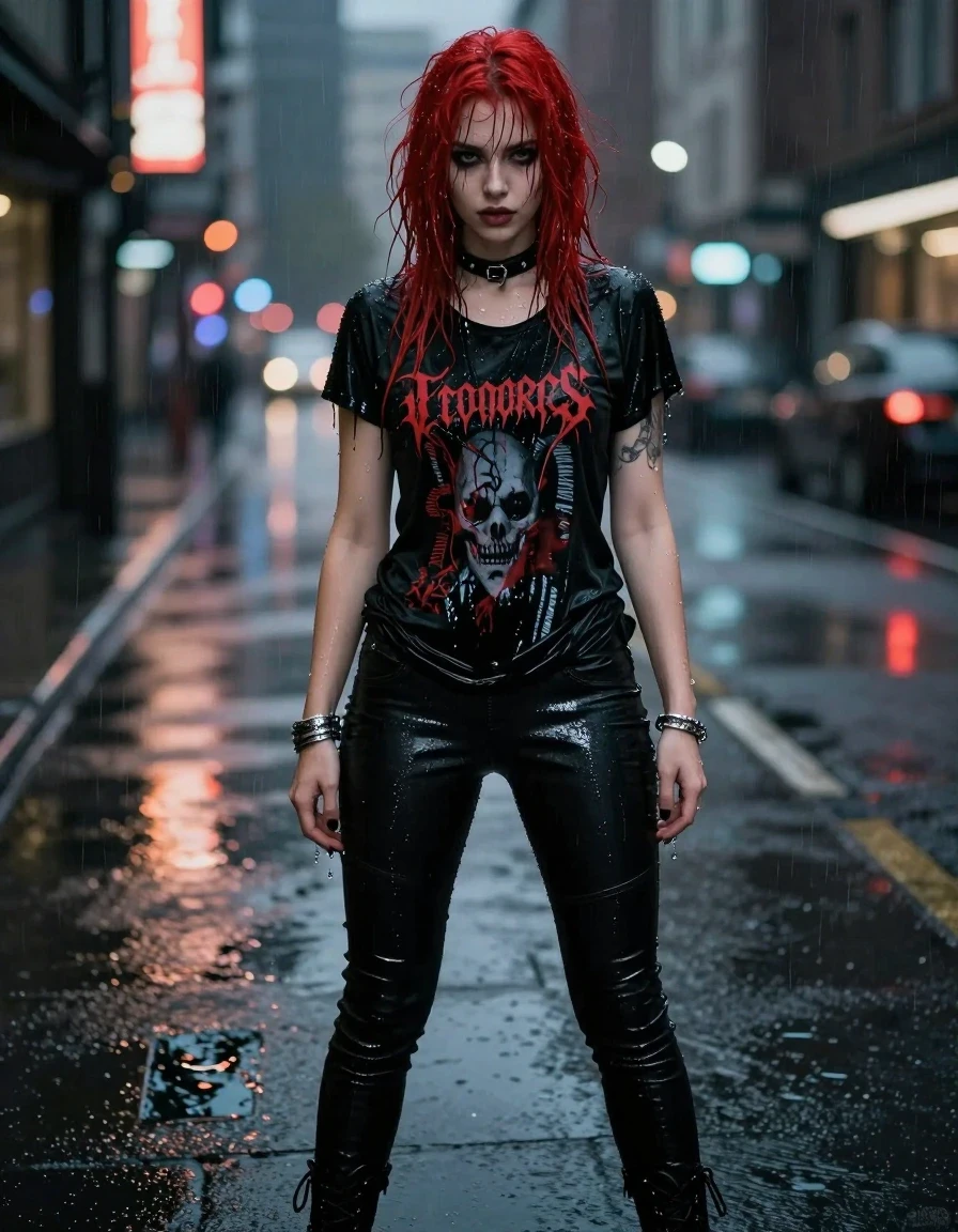 A photorealistic full-body portrait of a beautiful young adult European woman with vibrant red hair, standing in a rain-slicked city street at night. She is completely drenched, with water droplets clinging to her skin and her hair matted and heavy with rain. She wears a black t-shirt featuring a detailed band logo that is soaked, darkened, and clinging to her torso, paired with tight black pants that have a glossy, wet sheen. She is wearing heavy goth boots, a leather collar around her neck, and silver bracelets on her wrists. The lighting captures the reflection of city neon lights on the wet pavement and the sheen of the water on her clothing and skin. High-detail textures, cinematic atmosphere, sharp focus, 8k resolution, captured on 35mm lens.