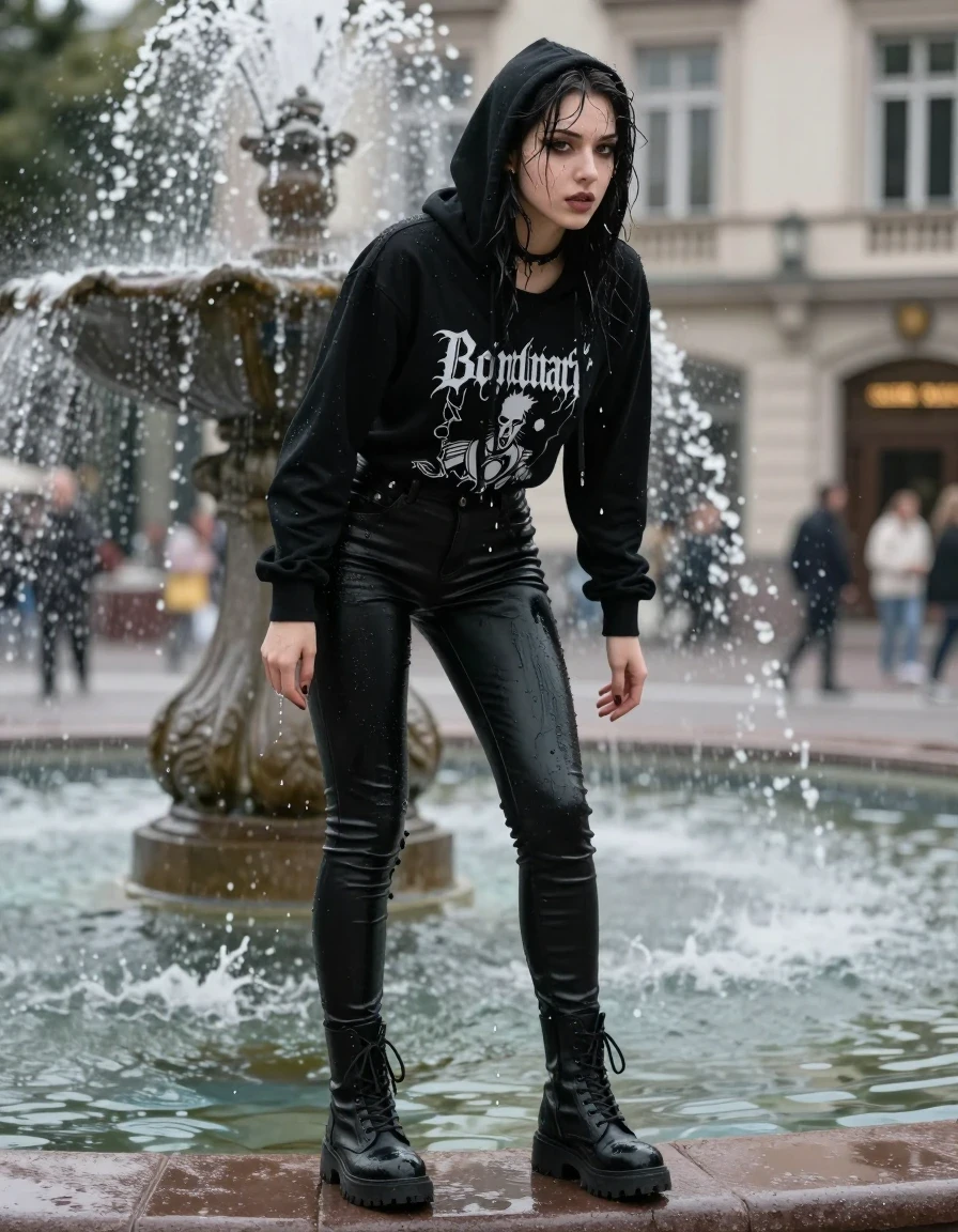 photo of young woman, in soaking wet, drenched clothes,
goth boots, tight black pants, black hoodie and black t-shirt with band logo, city fountain, 
enjoying, wet clothes stuck to body,
detailed textures of the wet clothes, wet face, wet plastered hair,
wet, drenched, professional, high-quality details, full body view.
sharp focus, ultra-high pixel detail, realistic, high-quality, full colors, incredibly detailed, 4k, 8k, 16k, hyper-realistic, RAW photo, masterpiece, ultra-detailed, professionally color graded, professional photograph, Beautiful gothic girl standing in the fountain, wet skin, wet clothes, damp fabric