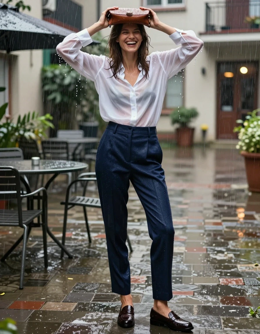 Editorial fashion photography of a young adult European woman laughing in a paved apartment courtyard during a heavy rainstorm. She is frantically shielding her head with a leather handbag, droplets splashing off her shoulders. She wears a sheer white silk blouse, heavy and translucent from the rain, clinging to her skin with visible water weight and texture. Her navy blue tailored wool trousers are saturated, darkened, and clinging to her legs. She wears wet dark brown leather loafers with visible water pooling inside them. The setting includes an iron bistro table and chairs, with rain puddles on the ground reflecting city lights. Cinematic lighting, 35mm lens, eye-level medium shot, sharp focus on fabric texture, high detail, balanced exposure, realistic wet skin and hair, deep fabric saturation.