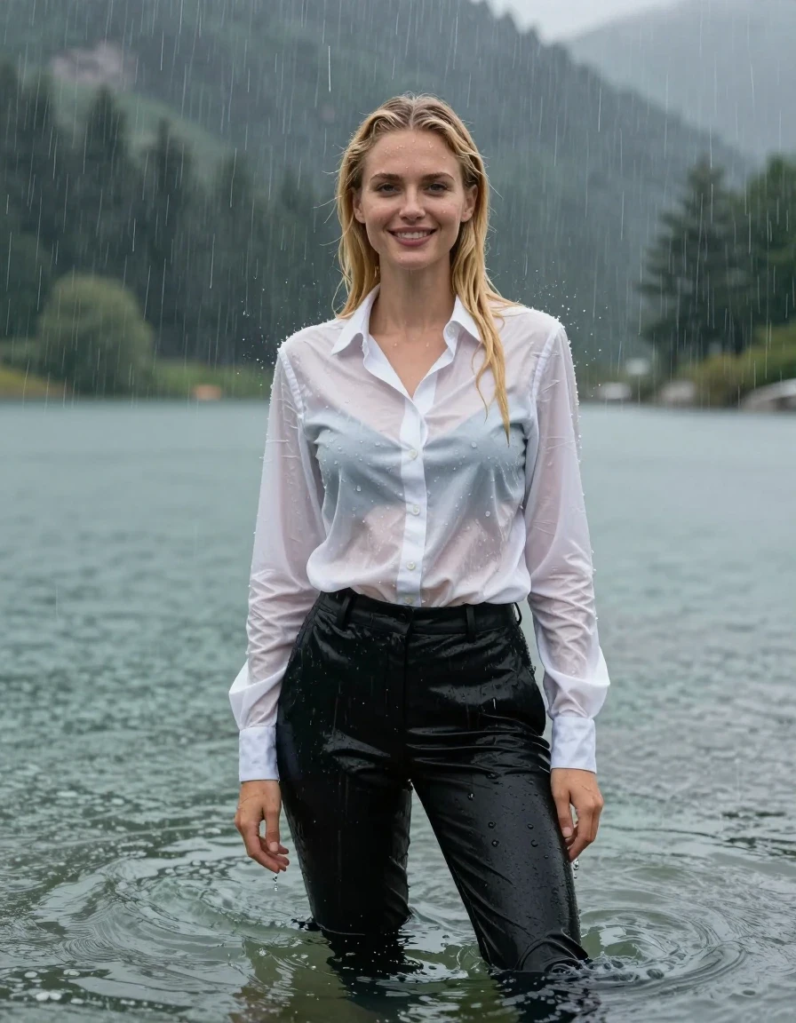 photo of young woman, in soaking wet, drenched clothes,
Black Long Business Trouser, White button down business shirt longsleeve, Clear Mountain lake with heavy rain, heavy rainstorm, 
enjoying, wet clothes stuck to body,
detailed textures of the wet clothes, wet face, wet plastered hair,
wet, drenched, professional, high-quality details, full body view.
sharp focus, ultra-high pixel detail, realistic, high-quality, full colors, incredibly detailed, 4k, 8k, 16k, hyper-realistic, RAW photo, masterpiece, ultra-detailed, professionally color graded, professional photograph, young blonde girl, completely submerged, swimming in deep water, under a big rainshower, fully clothed, completely soaked, fully drenched, completely wet, wetlook, heavy rain, side parting, long hair, rain storm, looks happy into camera, wet skin, wet clothes, damp fabric, clinging to body, wet skin, wet clothes, damp fabric, wet skin, wet clothes, damp fabric, wet skin, wet clothes, damp fabric, translucend fabric, wet skin, wet clothes, damp fabric, wet skin, wet clothes, damp fabric