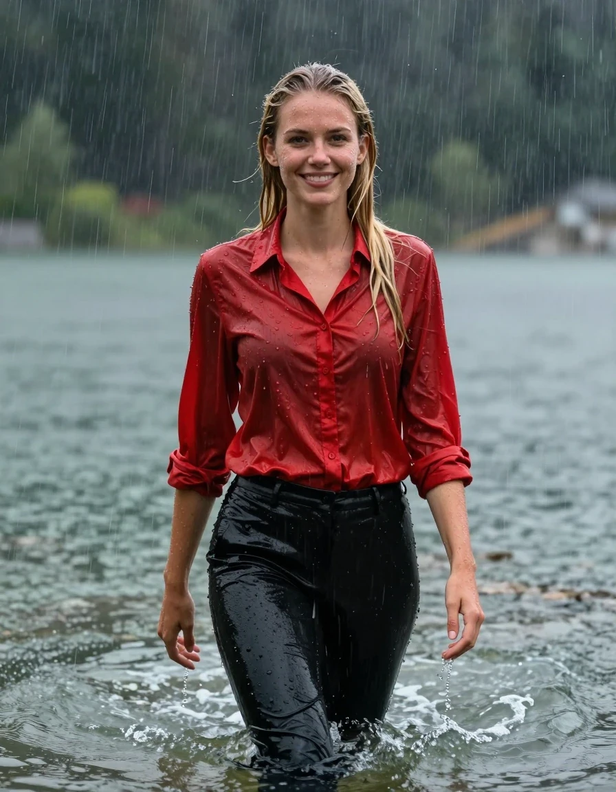 photo of young woman, in soaking wet, drenched clothes,
Black Long Business Trouser, Red button down business shirt longsleeve, Clear Mountain lake with heavy rain, heavy rainstorm, 
enjoying, wet clothes stuck to body,
detailed textures of the wet clothes, wet face, wet plastered hair,
wet, drenched, professional, high-quality details, full body view.
sharp focus, ultra-high pixel detail, realistic, high-quality, full colors, incredibly detailed, 4k, 8k, 16k, hyper-realistic, RAW photo, masterpiece, ultra-detailed, professionally color graded, professional photograph, young blonde girl, completely submerged, swimming in deep water, under a big rainshower, fully clothed, completely soaked, fully drenched, completely wet, wetlook, heavy rain, side parting, long hair, rain storm, looks happy into camera, wet skin, wet clothes, damp fabric, clinging to body, wet skin, wet clothes, damp fabric, wet skin, wet clothes, damp fabric, wet skin, wet clothes, damp fabric, translucend fabric, wet skin, wet clothes, damp fabric, wet skin, wet clothes, damp fabric