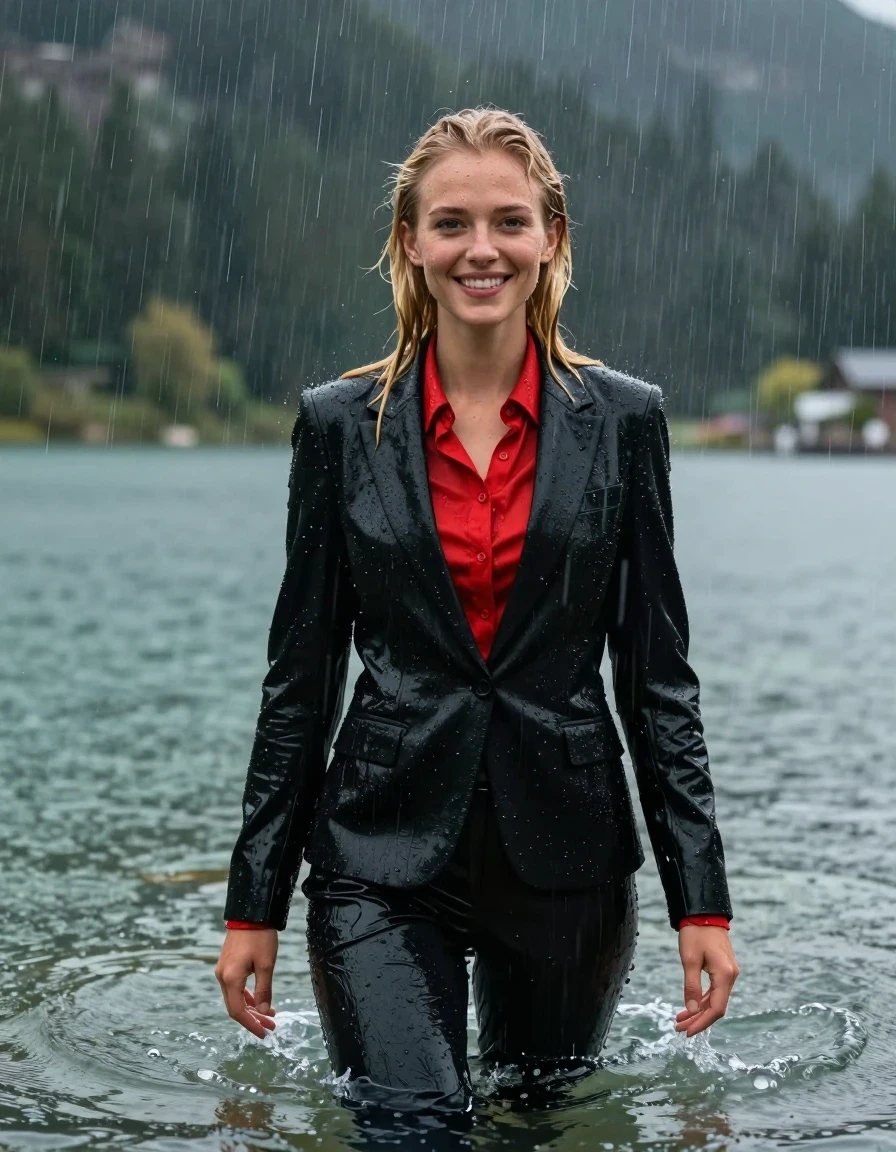 photo of young woman, in soaking wet, drenched clothes,
Black Business Suit Trouser, Black Business Suit Jacket with red longsleeve button down shirt, Clear Mountain lake with heavy rain, heavy rainstorm, 
enjoying, wet clothes stuck to body,
detailed textures of the wet clothes, wet face, wet plastered hair,
wet, drenched, professional, high-quality details, full body view.
sharp focus, ultra-high pixel detail, realistic, high-quality, full colors, incredibly detailed, 4k, 8k, 16k, hyper-realistic, RAW photo, masterpiece, ultra-detailed, professionally color graded, professional photograph, young blonde girl, completely submerged, swimming in deep water, under a big rainshower, fully clothed, completely soaked, fully drenched, completely wet, wetlook, heavy rain, side parting, long hair, rain storm, looks happy into camera, wet skin, wet clothes, damp fabric, clinging to body, wet skin, wet clothes, damp fabric, wet skin, wet clothes, damp fabric, wet skin, wet clothes, damp fabric, translucend fabric, wet skin, wet clothes, damp fabric