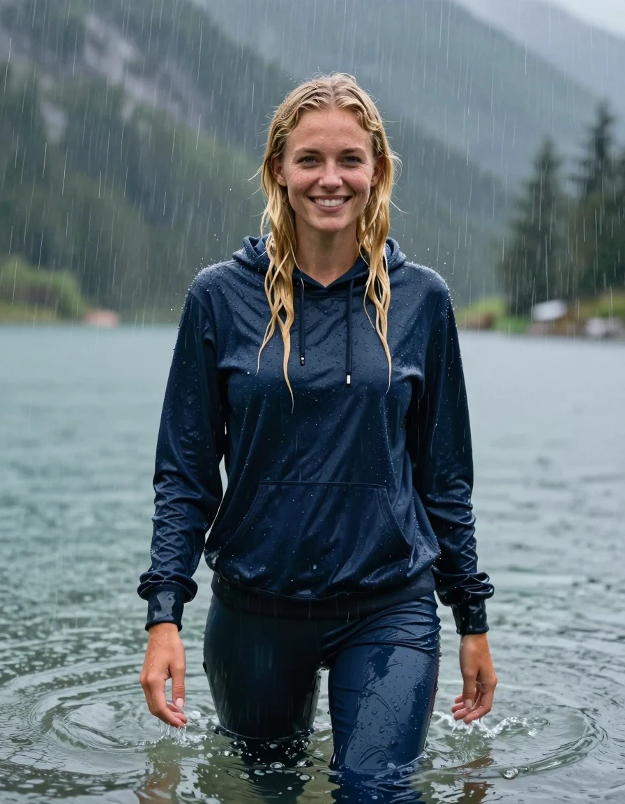 photo of young woman, in soaking wet, drenched clothes,
Dark Blue Track Suit Trouser, Dark Blue oversize Hoodie, Clear Mountain lake with heavy rain, heavy rainstorm, 
enjoying, wet clothes stuck to body,
detailed textures of the wet clothes, wet face, wet plastered hair,
wet, drenched, professional, high-quality details, full body view.
sharp focus, ultra-high pixel detail, realistic, high-quality, full colors, incredibly detailed, 4k, 8k, 16k, hyper-realistic, RAW photo, masterpiece, ultra-detailed, professionally color graded, professional photograph, young blonde girl, completely submerged, swimming in deep water, under a big rainshower, fully clothed, completely soaked, fully drenched, completely wet, wetlook, heavy rain, side parting, long hair, rain storm, looks happy into camera, wet skin, wet clothes, damp fabric, clinging to body, wet skin, wet clothes, damp fabric, wet skin, wet clothes, damp fabric, wet skin, wet clothes, damp fabric, translucend fabric, wet skin, wet clothes, damp fabric