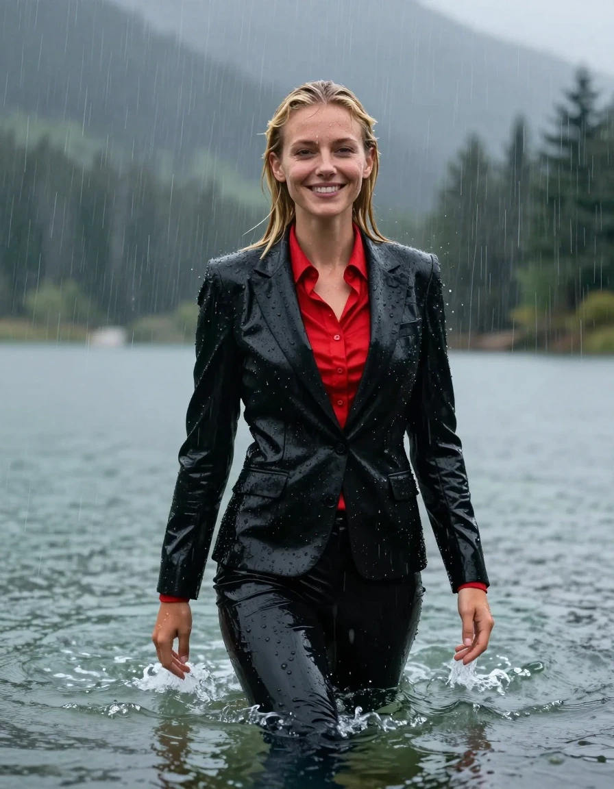 photo of young woman, in soaking wet, drenched clothes,
Black Business Suit Trouser, Black Business Suit Jacket with red longsleeve button down shirt, Clear Mountain lake with heavy rain, heavy rainstorm, 
enjoying, wet clothes stuck to body,
detailed textures of the wet clothes, wet face, wet plastered hair,
wet, drenched, professional, high-quality details, full body view.
sharp focus, ultra-high pixel detail, realistic, high-quality, full colors, incredibly detailed, 4k, 8k, 16k, hyper-realistic, RAW photo, masterpiece, ultra-detailed, professionally color graded, professional photograph, young blonde girl, completely submerged, swimming in deep water, under a big rainshower, fully clothed, completely soaked, fully drenched, completely wet, wetlook, heavy rain, side parting, long hair, rain storm, looks happy into camera, wet skin, wet clothes, damp fabric, clinging to body, wet skin, wet clothes, damp fabric, wet skin, wet clothes, damp fabric, wet skin, wet clothes, damp fabric, translucend fabric, wet skin, wet clothes, damp fabric