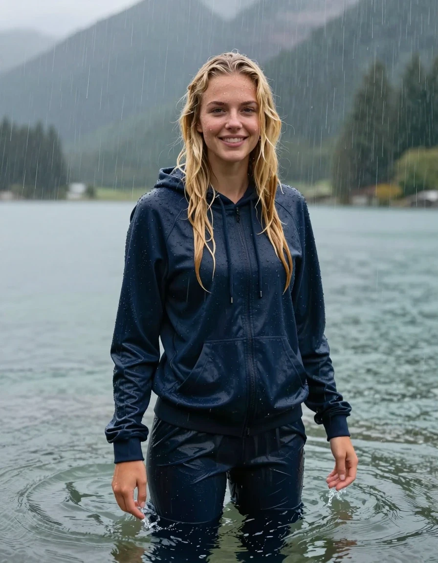 photo of young woman, in soaking wet, drenched clothes,
Dark Blue Track Suit Trouser, Dark Blue oversize Hoodie, Clear Mountain lake with heavy rain, heavy rainstorm, 
enjoying, wet clothes stuck to body,
detailed textures of the wet clothes, wet face, wet plastered hair,
wet, drenched, professional, high-quality details, full body view.
sharp focus, ultra-high pixel detail, realistic, high-quality, full colors, incredibly detailed, 4k, 8k, 16k, hyper-realistic, RAW photo, masterpiece, ultra-detailed, professionally color graded, professional photograph, young blonde girl, completely submerged, swimming in deep water, under a big rainshower, fully clothed, completely soaked, fully drenched, completely wet, wetlook, heavy rain, side parting, long hair, rain storm, looks happy into camera, wet skin, wet clothes, damp fabric, clinging to body, wet skin, wet clothes, damp fabric, wet skin, wet clothes, damp fabric, wet skin, wet clothes, damp fabric, translucend fabric, wet skin, wet clothes, damp fabric