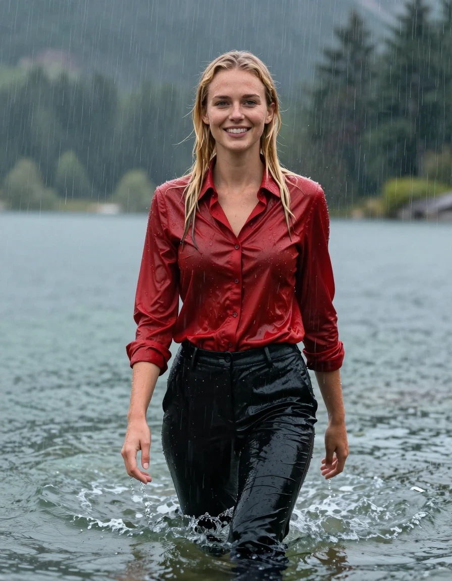 photo of young woman, in soaking wet, drenched clothes,
Black Long Business Trouser, Red button down business shirt longsleeve, Clear Mountain lake with heavy rain, heavy rainstorm, 
enjoying, wet clothes stuck to body,
detailed textures of the wet clothes, wet face, wet plastered hair,
wet, drenched, professional, high-quality details, full body view.
sharp focus, ultra-high pixel detail, realistic, high-quality, full colors, incredibly detailed, 4k, 8k, 16k, hyper-realistic, RAW photo, masterpiece, ultra-detailed, professionally color graded, professional photograph, young blonde girl, completely submerged, swimming in deep water, under a big rainshower, fully clothed, completely soaked, fully drenched, completely wet, wetlook, heavy rain, side parting, long hair, rain storm, looks happy into camera, wet skin, wet clothes, damp fabric, clinging to body, wet skin, wet clothes, damp fabric, wet skin, wet clothes, damp fabric, wet skin, wet clothes, damp fabric, translucend fabric, wet skin, wet clothes, damp fabric, wet skin, wet clothes, damp fabric