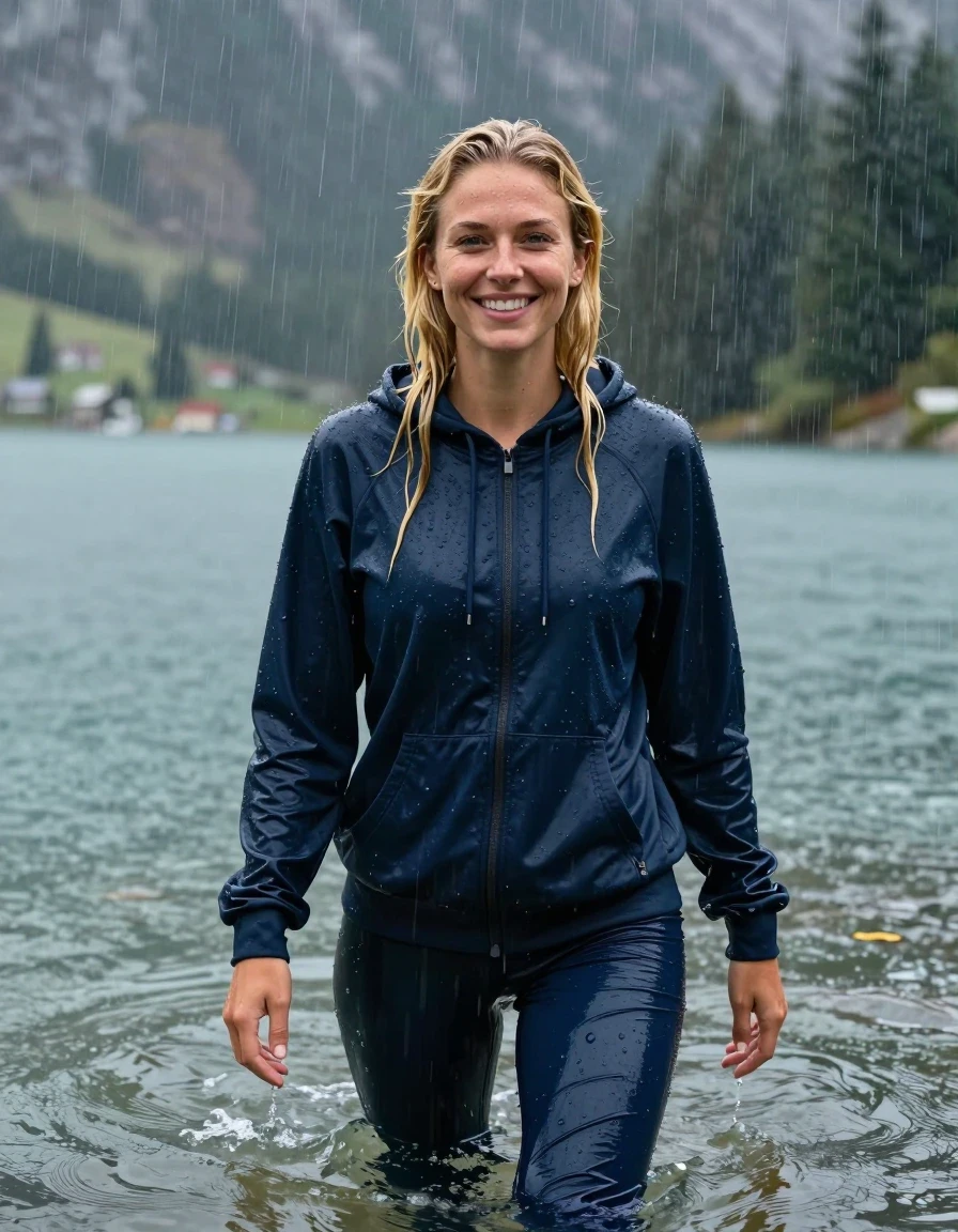 photo of young woman, in soaking wet, drenched clothes,
Dark Blue Track Suit Trouser, Dark Blue oversize Hoodie, Clear Mountain lake with heavy rain, heavy rainstorm, 
enjoying, wet clothes stuck to body,
detailed textures of the wet clothes, wet face, wet plastered hair,
wet, drenched, professional, high-quality details, full body view.
sharp focus, ultra-high pixel detail, realistic, high-quality, full colors, incredibly detailed, 4k, 8k, 16k, hyper-realistic, RAW photo, masterpiece, ultra-detailed, professionally color graded, professional photograph, young blonde girl, completely submerged, swimming in deep water, under a big rainshower, fully clothed, completely soaked, fully drenched, completely wet, wetlook, heavy rain, side parting, long hair, rain storm, looks happy into camera, wet skin, wet clothes, damp fabric, clinging to body, wet skin, wet clothes, damp fabric, wet skin, wet clothes, damp fabric, wet skin, wet clothes, damp fabric, translucend fabric, wet skin, wet clothes, damp fabric