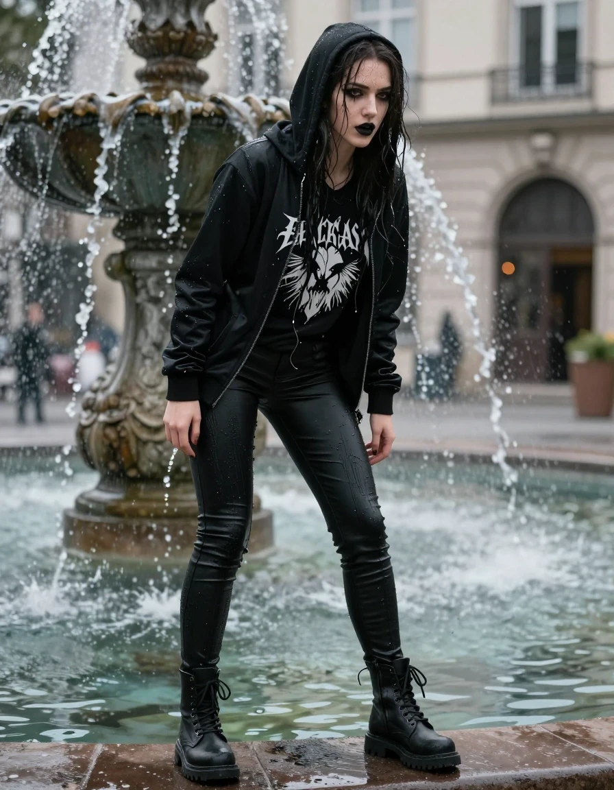 photo of young woman, in soaking wet, drenched clothes,
goth boots, tight black pants, black hoodie and black t-shirt with band logo, city fountain, 
enjoying, wet clothes stuck to body,
detailed textures of the wet clothes, wet face, wet plastered hair,
wet, drenched, professional, high-quality details, full body view.
sharp focus, ultra-high pixel detail, realistic, high-quality, full colors, incredibly detailed, 4k, 8k, 16k, hyper-realistic, RAW photo, masterpiece, ultra-detailed, professionally color graded, professional photograph, Beautiful gothic girl standing in the fountain, wet skin, wet clothes, damp fabric