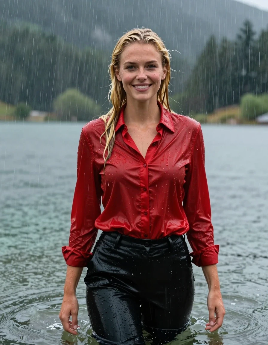 photo of young woman, in soaking wet, drenched clothes,
Black Long Business Trouser, Red button down business shirt longsleeve, Clear Mountain lake with heavy rain, heavy rainstorm, 
enjoying, wet clothes stuck to body,
detailed textures of the wet clothes, wet face, wet plastered hair,
wet, drenched, professional, high-quality details, full body view.
sharp focus, ultra-high pixel detail, realistic, high-quality, full colors, incredibly detailed, 4k, 8k, 16k, hyper-realistic, RAW photo, masterpiece, ultra-detailed, professionally color graded, professional photograph, young blonde girl, completely submerged, swimming in deep water, under a big rainshower, fully clothed, completely soaked, fully drenched, completely wet, wetlook, heavy rain, side parting, long hair, rain storm, looks happy into camera, wet skin, wet clothes, damp fabric, clinging to body, wet skin, wet clothes, damp fabric, wet skin, wet clothes, damp fabric, wet skin, wet clothes, damp fabric, translucend fabric, wet skin, wet clothes, damp fabric, wet skin, wet clothes, damp fabric