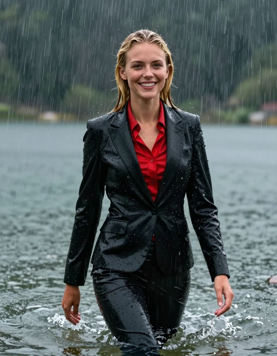 photo of young woman, in soaking wet, drenched clothes,
Black Business Suit Trouser, red longsleeve button down shirt, Clear Mountain lake with heavy rain, heavy rainstorm, 
enjoying, wet clothes stuck to body,
detailed textures of the wet clothes, wet face, wet plastered hair,
wet, drenched, professional, high-quality details, full body view.
sharp focus, ultra-high pixel detail, realistic, high-quality, full colors, incredibly detailed, 4k, 8k, 16k, hyper-realistic, RAW photo, masterpiece, ultra-detailed, professionally color graded, professional photograph, young blonde girl, completely submerged, swimming in deep water, under a big rainshower, fully clothed, completely soaked, fully drenched, completely wet, wetlook, heavy rain, side parting, long hair, rain storm, looks happy into camera, wet skin, wet clothes, damp fabric, clinging to body, wet skin, wet clothes, damp fabric, wet skin, wet clothes, damp fabric, wet skin, wet clothes, damp fabric, translucend fabric, open jacket, wet skin, wet clothes, damp fabric