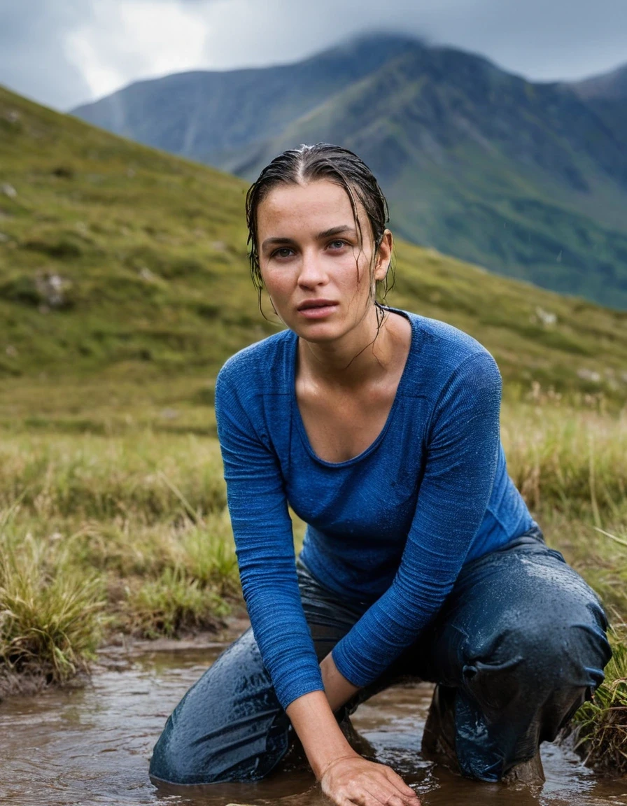 professional photo of young woman, in soaking wet, drenched clothes, wet clothes stuck to body, detailed textures of the wet clothes, wet face, wet plastered hair, wet, drenched, wet skin, damp fabric, wearing a blue top, blue trousers, and boots, soaking wet clothes with heavy damp fabric texture and visible wet folds, standing in nature mountains, full body view, detailed fabric texture, sharp focus, photorealistic, ultra-detailed fabric texture, realistic colors, RAW photo, professionally color graded