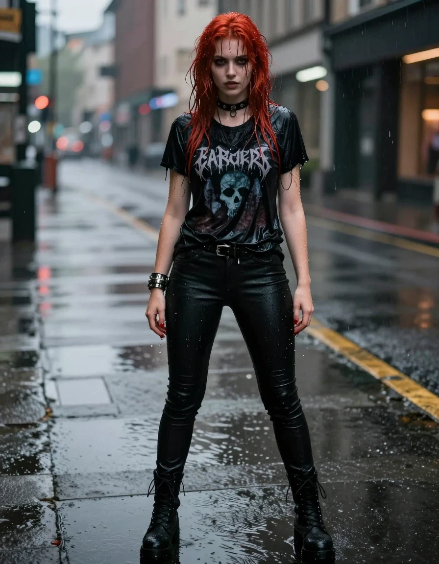 A photorealistic medium shot of a beautiful young adult European woman with vibrant red hair, standing in a rainy city street. She is completely drenched, with water droplets cascading down her skin and her hair plastered to her face and shoulders. She wears a black t-shirt featuring a band logo, tight black pants, and heavy goth boots, all visibly soaked, with the fabric darkened, clinging to her body, and heavy with water weight. She is adorned with a gothic collar and metallic bracelets. The lighting is moody and atmospheric, reflecting city neon lights on the wet pavement and the sheen of the water on her clothing and skin. High-detail textures, sharp focus, cinematic composition, shot on 35mm lens.