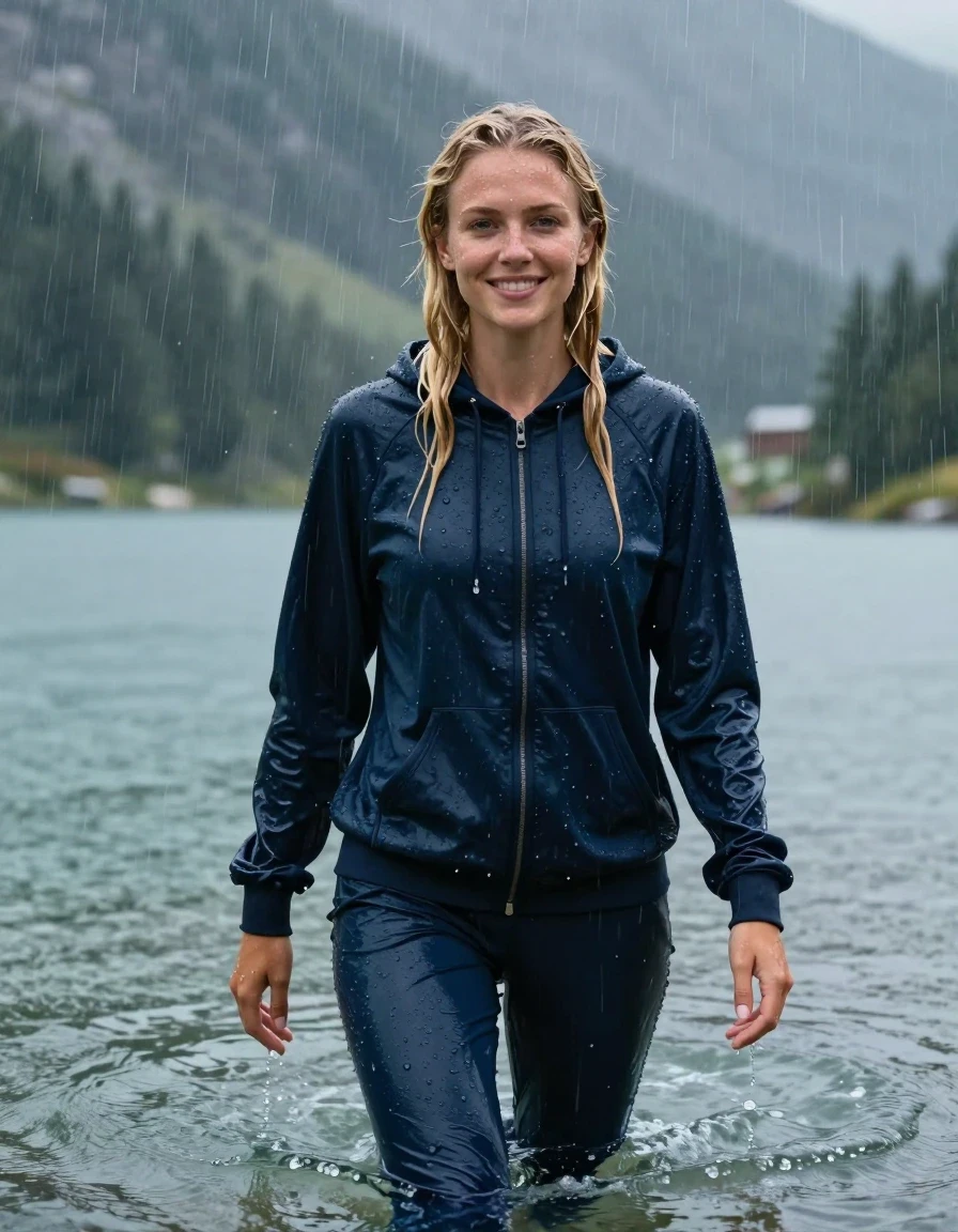 photo of young woman, in soaking wet, drenched clothes,
Dark Blue Track Suit Trouser, Dark Blue oversize Track Suit Hoodie, Clear Mountain lake with heavy rain, heavy rainstorm, 
enjoying, wet clothes stuck to body,
detailed textures of the wet clothes, wet face, wet plastered hair,
wet, drenched, professional, high-quality details, full body view.
sharp focus, ultra-high pixel detail, realistic, high-quality, full colors, incredibly detailed, 4k, 8k, 16k, hyper-realistic, RAW photo, masterpiece, ultra-detailed, professionally color graded, professional photograph, young blonde girl, completely submerged, swimming in deep water, under a big rainshower, fully clothed, completely soaked, fully drenched, completely wet, wetlook, heavy rain, side parting, long hair, rain storm, looks happy into camera, wet skin, wet clothes, damp fabric, clinging to body, wet skin, wet clothes, damp fabric, wet skin, wet clothes, damp fabric, wet skin, wet clothes, damp fabric, translucend fabric, wet skin, wet clothes, damp fabric
