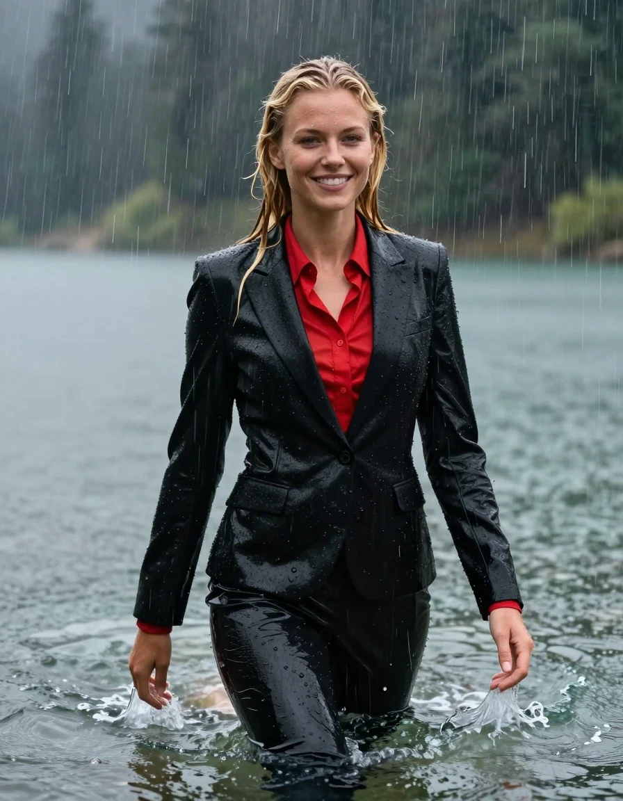 photo of young woman, in soaking wet, drenched clothes,
Black Business Suit Trouser, Black Business Suit Jacket with red longsleeve button down shirt, Clear Mountain lake with heavy rain, heavy rainstorm, 
enjoying, wet clothes stuck to body,
detailed textures of the wet clothes, wet face, wet plastered hair,
wet, drenched, professional, high-quality details, full body view.
sharp focus, ultra-high pixel detail, realistic, high-quality, full colors, incredibly detailed, 4k, 8k, 16k, hyper-realistic, RAW photo, masterpiece, ultra-detailed, professionally color graded, professional photograph, young blonde girl, completely submerged, swimming in deep water, under a big rainshower, fully clothed, completely soaked, fully drenched, completely wet, wetlook, heavy rain, side parting, long hair, rain storm, looks happy into camera, wet skin, wet clothes, damp fabric, clinging to body, wet skin, wet clothes, damp fabric, wet skin, wet clothes, damp fabric, wet skin, wet clothes, damp fabric, translucend fabric, wet skin, wet clothes, damp fabric