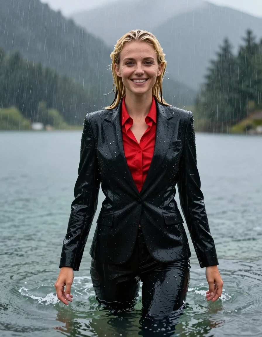 photo of young woman, in soaking wet, drenched clothes,
Black Business Suit Trouser, Black Business Suit Jacket with red longsleeve button down shirt, Clear Mountain lake with heavy rain, heavy rainstorm, 
enjoying, wet clothes stuck to body,
detailed textures of the wet clothes, wet face, wet plastered hair,
wet, drenched, professional, high-quality details, full body view.
sharp focus, ultra-high pixel detail, realistic, high-quality, full colors, incredibly detailed, 4k, 8k, 16k, hyper-realistic, RAW photo, masterpiece, ultra-detailed, professionally color graded, professional photograph, young blonde girl, completely submerged, swimming in deep water, under a big rainshower, fully clothed, completely soaked, fully drenched, completely wet, wetlook, heavy rain, side parting, long hair, rain storm, looks happy into camera, wet skin, wet clothes, damp fabric, clinging to body, wet skin, wet clothes, damp fabric, wet skin, wet clothes, damp fabric, wet skin, wet clothes, damp fabric, translucend fabric, open jacket, wet skin, wet clothes, damp fabric