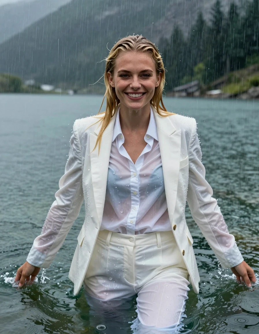 A stunning young adult European woman with long blonde hair styled with a side parting, looking directly into the camera with a happy expression. She is completely submerged and swimming in the deep, clear water of a mountain lake during a heavy, intense rainstorm. She is fully clothed in a soaked white business suit jacket worn open over a white long-sleeved button-down business shirt, paired with matching white long business trousers. The fabric is heavily drenched, clinging to her body, creating a realistic wetlook with translucent textures, darker tones, and visible folds. Her skin and hair are glistening with water, showing heavy saturation from the downpour. The environment features a dramatic, moody mountain lake under a torrential rainshower, with rain droplets creating ripples on the water surface. Photorealistic, high-contrast lighting, cinematic composition, focusing on the wet fabric textures and the interplay of water and light, hair is styled naturally with a side part, explicitly avoiding any combed-back hair styles.