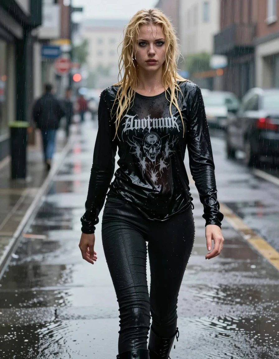 photo of young woman, in soaking wet, drenched clothes,
goth boots, tight black pants, black longsleeve with band logo, city, 
enjoying, wet clothes stuck to body,
detailed textures of the wet clothes, wet face, wet plastered hair,
wet, drenched, professional, high-quality details, full body view.
sharp focus, ultra-high pixel detail, realistic, high-quality, full colors, incredibly detailed, 4k, 8k, 16k, hyper-realistic, RAW photo, masterpiece, ultra-detailed, professionally color graded, professional photograph, A photorealistic portrait of a beautiful young woman with long blonde hair, standing in a rainy city street. She is completely drenched, with water droplets clinging to her skin and her hair matted and heavy with moisture. She is wearing a black longsleeve shirt featuring a weathered band logo, the fabric visibly dripping wet and glossy, and clinging to her body, paired with  loose black pants that  is dripping wet and glossy.  The atmosphere is moody and cinematic, with the rain creating a reflective, shimmering surface on the city pavement. Sharp focus, 8k resolution, highly detailed texture on fabric and skin, dramatic street lighting, hyper-realistic water effects., wet skin, wet clothes, damp fabric