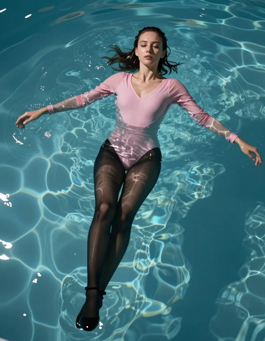A hyper-realistic full-body shot of a young adult European woman floating gracefully in a crystal-clear swimming pool. She is wearing a pale pink long-sleeve V-neck leotard and black pull-up stockings, complemented by elegant strappy black high heels. The fabric of the leotard and stockings is visibly soaked, clinging to her skin with a dark, saturated appearance, showing realistic folds and water-heavy texture. Her skin is glistening with a wet sheen, and her hair is wet and slicked back. The lighting captures the refraction of the water, creating caustic patterns on her skin and clothing. The composition is a cinematic medium-wide shot, emphasizing the interplay of light and water, with sharp focus on the textures of the wet fabric and her serene expression.