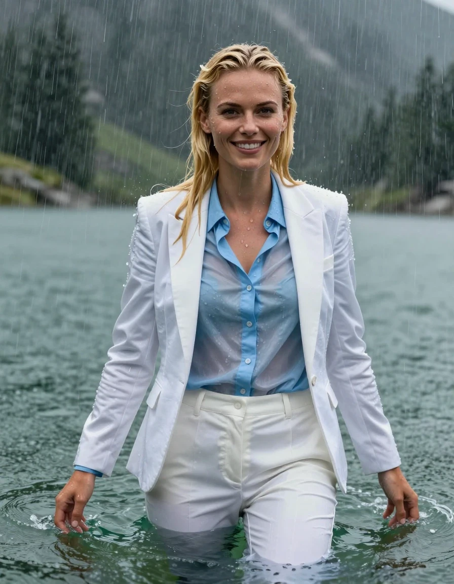 A photorealistic, high-detail portrait of a young adult European blonde woman with long hair styled in a side parting, completely submerged while swimming in a deep, clear mountain lake during a heavy rainstorm. She is wearing a white business suit jacket left open, layered over a light blue long-sleeved button-down business shirt and white long business trousers. Her appearance is completely drenched and soaked; the fabric of her clothing is heavy, dark, and clinging tightly to her body, exhibiting realistic wet texture and damp folds. Her skin and hair are glistening with water sheen, with droplets running down her face and hair. She has a happy expression, looking directly into the camera. The environment features a powerful rainstorm with heavy rain falling into the lake, creating ripples and atmospheric mist. The lighting is natural, moody, and diffused by the storm. High-quality photographic detail, wetlook aesthetic, cinematic composition, sharp focus on the subject, no combed-back hair.