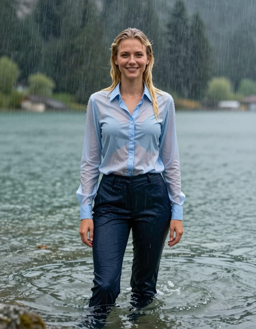 photo of young woman, in soaking wet, drenched clothes,
dark Blue Long Business Trouser, Light Blue button down business shirt longsleeve, Clear Mountain lake with heavy rain, heavy rainstorm, 
enjoying, wet clothes stuck to body,
detailed textures of the wet clothes, wet face, wet plastered hair,
wet, drenched, professional, high-quality details, full body view.
sharp focus, ultra-high pixel detail, realistic, high-quality, full colors, incredibly detailed, 4k, 8k, 16k, hyper-realistic, RAW photo, masterpiece, ultra-detailed, professionally color graded, professional photograph, young blonde girl, completely submerged, swimming in deep water, under a big rainshower, fully clothed, completely soaked, fully drenched, completely wet, wetlook, heavy rain, side parting, long hair, rain storm, looks happy into camera, wet skin, wet clothes, damp fabric, clinging to body, wet skin, wet clothes, damp fabric, wet skin, wet clothes, damp fabric, wet skin, wet clothes, damp fabric, translucend fabric,, wet skin, wet clothes, damp fabric
