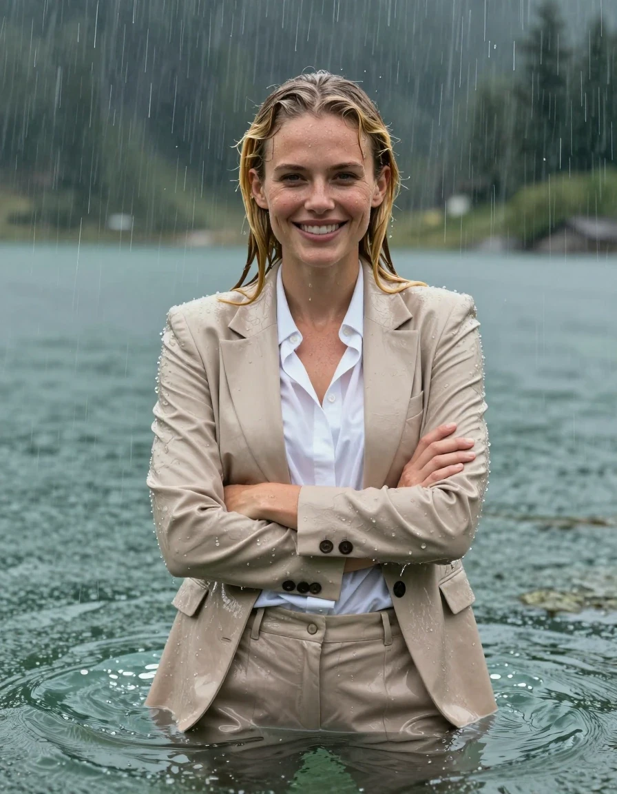 A photorealistic medium shot of a young adult European woman with blonde hair in a side parting, completely submerged and swimming in the deep, clear water of a mountain lake during a heavy rainstorm. She is fully clothed in a soaked beige business suit jacket worn open over a white long-sleeve button-down business shirt and matching beige long business trousers. Her hair is plastered to her face, and her skin exhibits a realistic water sheen. The fabric of her clothes is completely drenched, dark, heavy, and clings tightly to her body, showing translucent qualities where saturated. She is looking directly into the camera with a happy expression, arms crossed, surrounded by heavy rain falling into the lake. Cinematic lighting, hyper-detailed textures of wet skin and damp fabric, 8k resolution, captured with a high-speed camera to freeze the rain droplets, sharp focus on the subject's face.